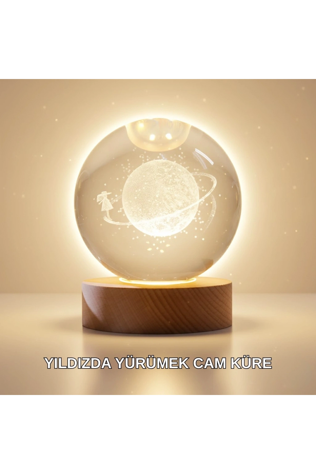 Ahşap Standlı Sarı Işıklı Dekoratif Küre Kız Figürü Tasarım
