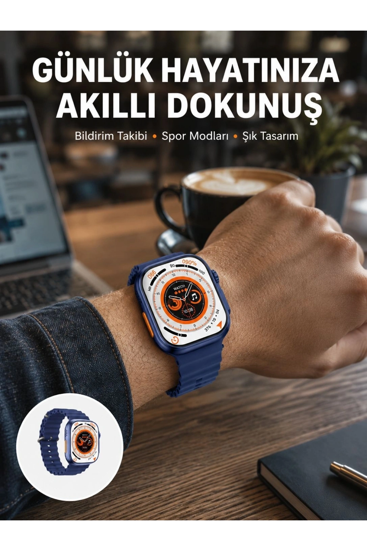 Akıllı Saat 360 mAh Çoklu Spor Modlu Lacivert Siyah Kordon Yeni Nesil