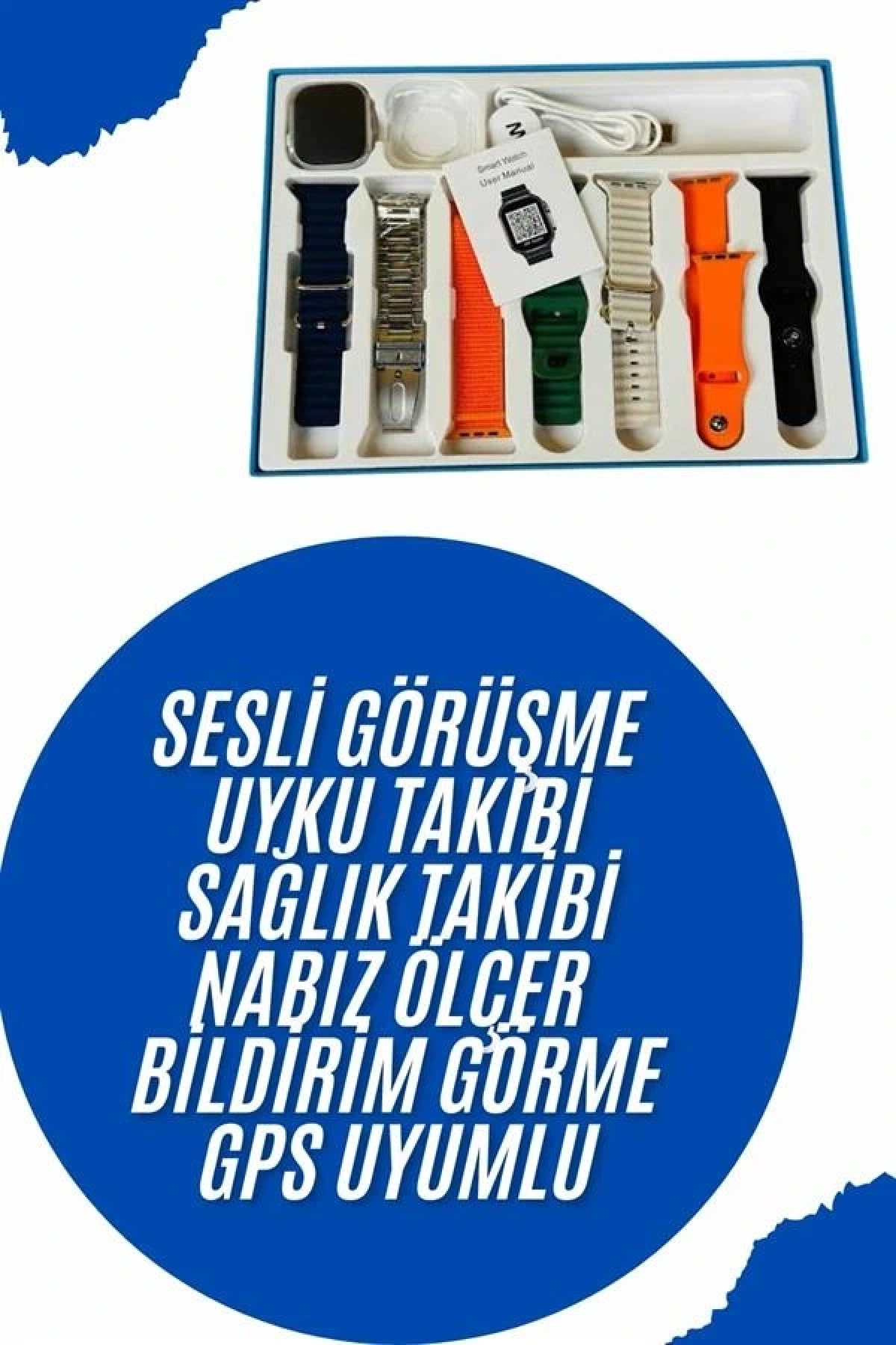 Akıllı Saat 7 Kordon Hediyeli Takvim Alarm Nabız Ölçer Bildirim Görme Sesli Görüşme