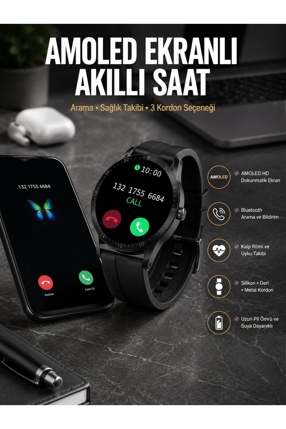 Akıllı Saat Amoled Ekran 3 Kordonlu NFC Ve GPS Uyumlu