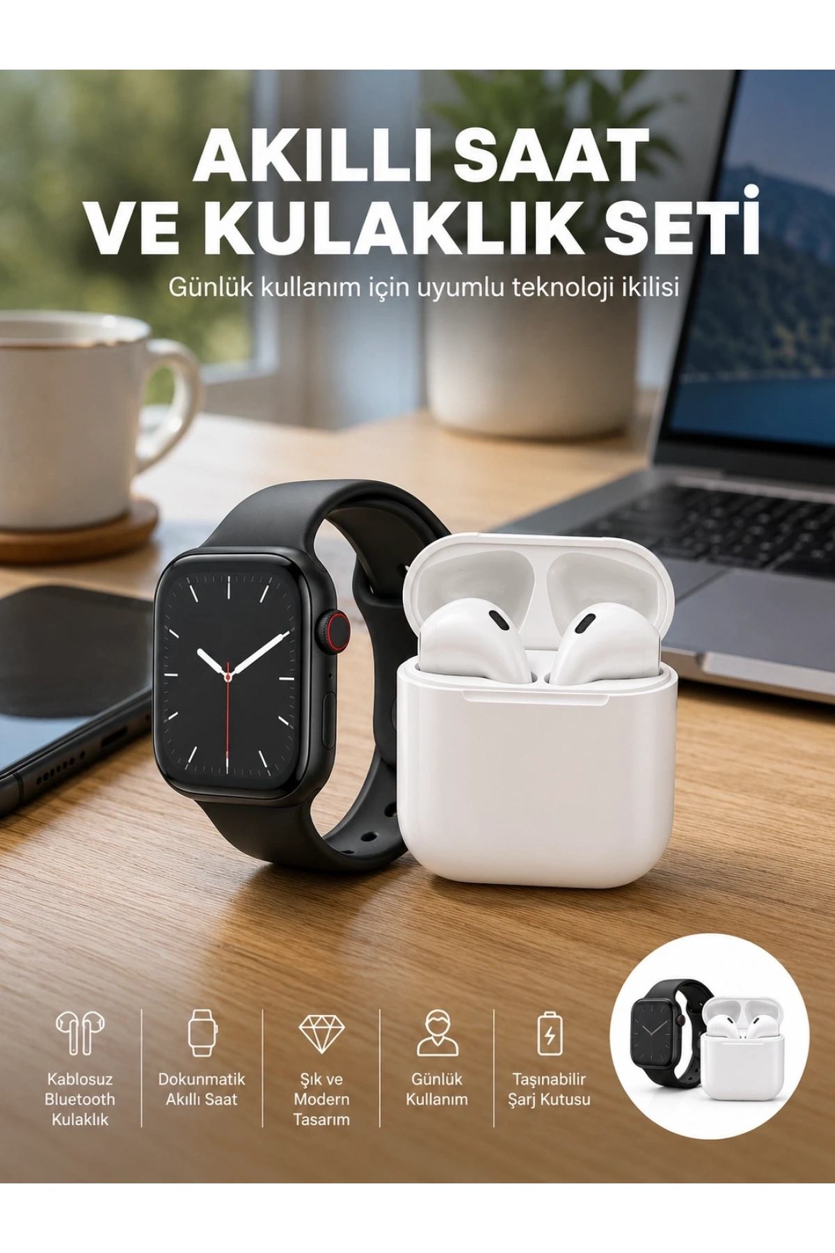 Akıllı Saat Gümüş Kasa Bluetooth Kulaklık Hediyeli Çok Fonksiyonlu İkili Set