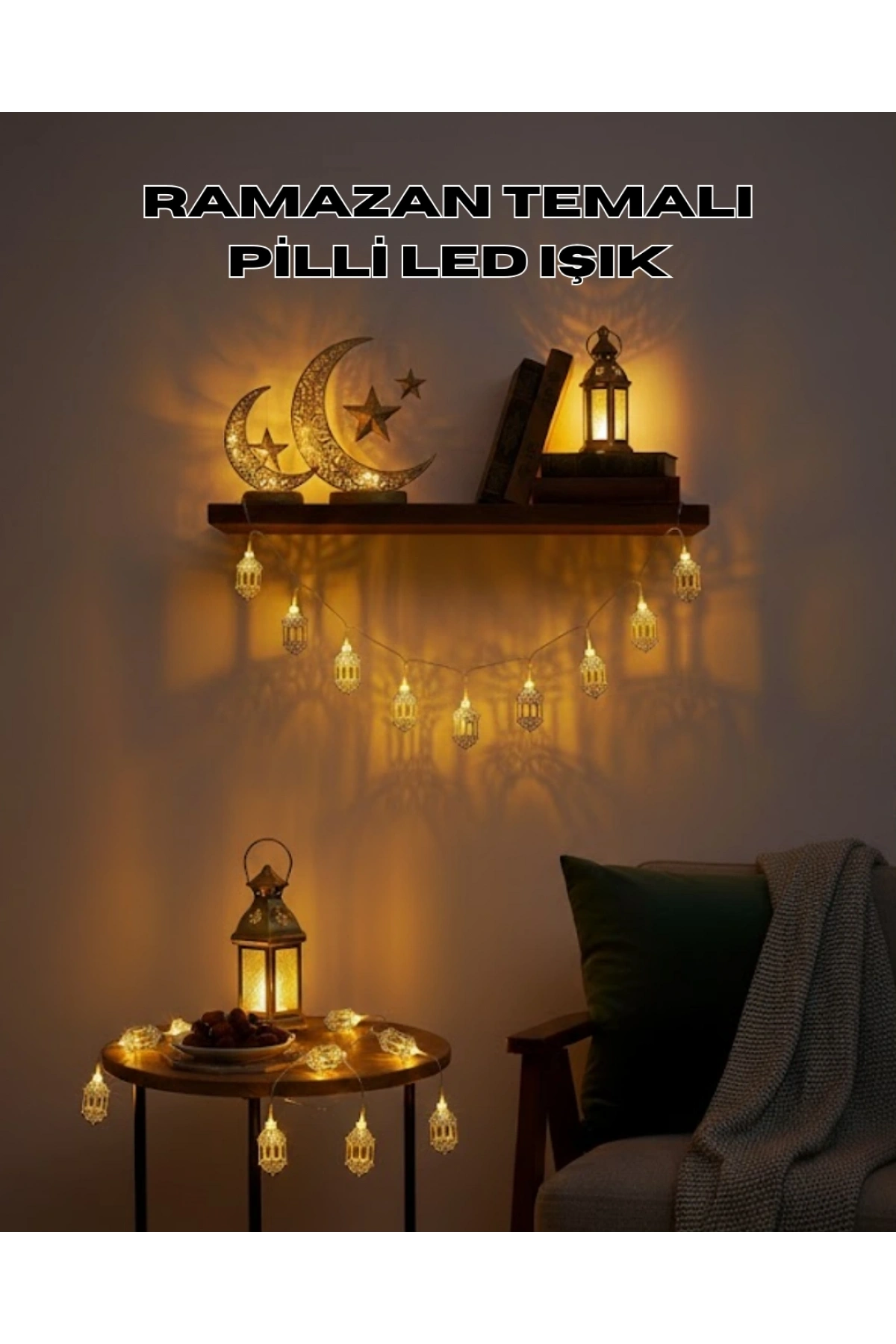 Altın Fener Detaylı Pilli Ramazan LED Işık Ev Dekorasyonu