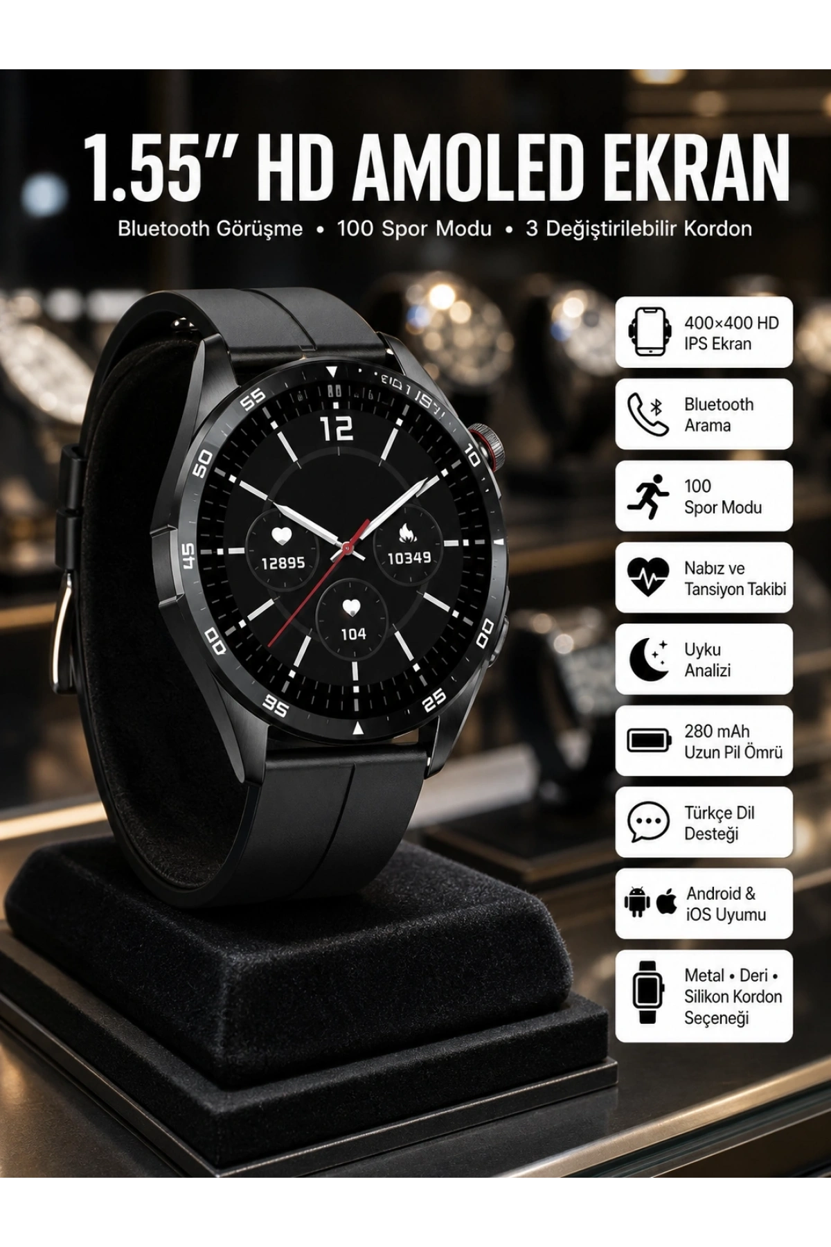 Amoled Ekran 3 Kordonlu Akıllı Saat 5.0 Bluetooth Bağlantılı Android ve İOS Uyumlu
