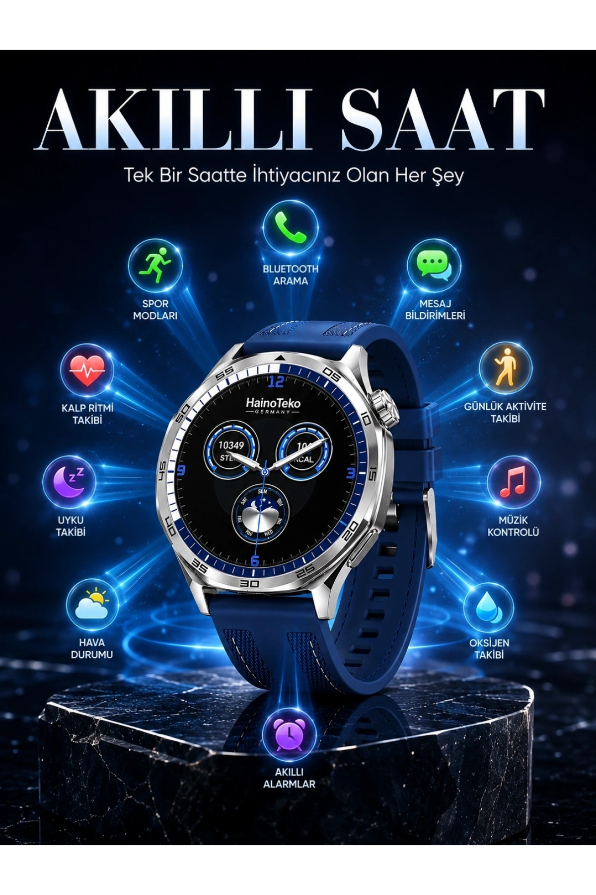 AMOLED Ekranlı Bluetooth Akıllı Saat 3 Kordonlu Uzun Pil Ömürlü
