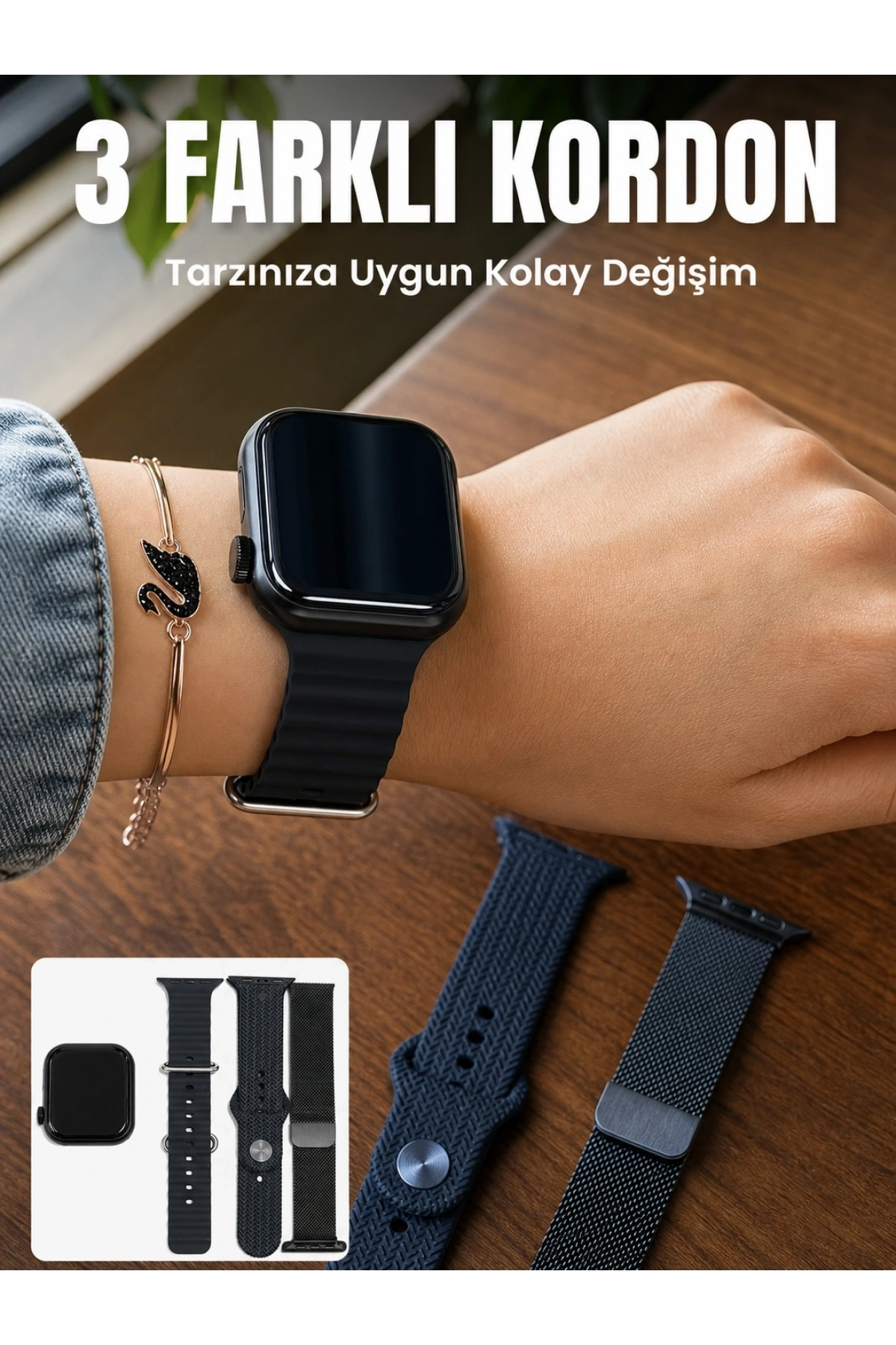 AMOLED Ekranlı Bluetooth Aramalı 3 Kordonlu Akıllı Saat