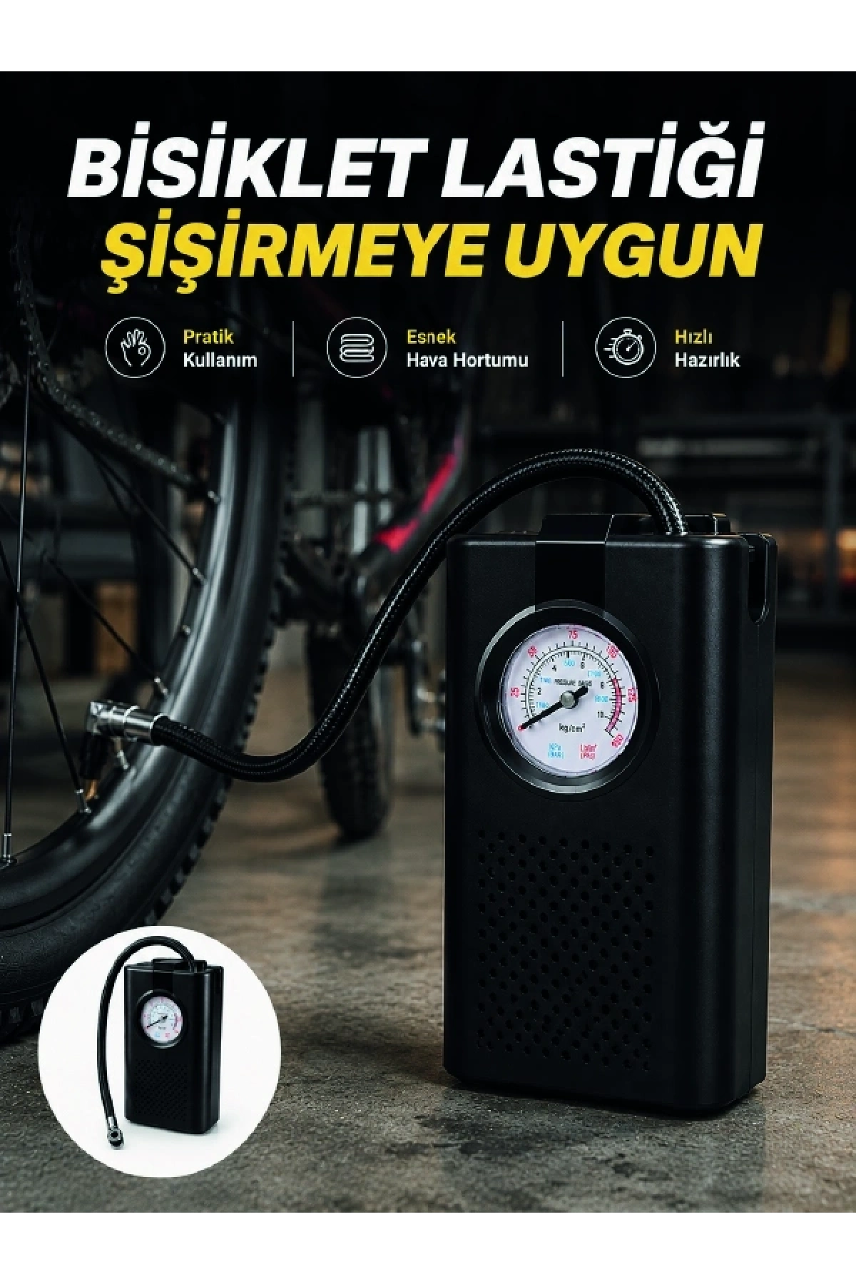 Analog Manometreli Kompakt Araç Hava Pompası Lastik Şişirme Cihazı