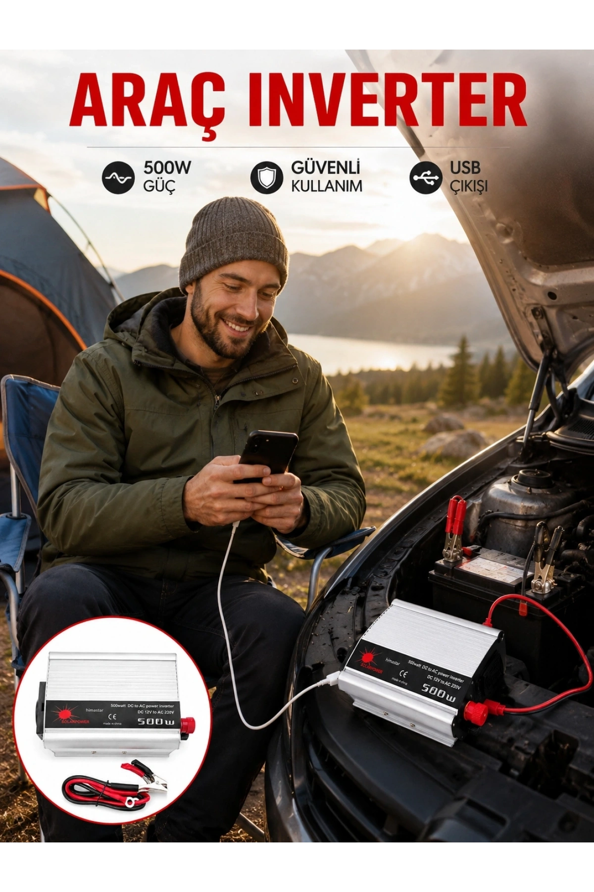 Araç İçi Elektrik Dönüştürücü 500W Priz İnvertör