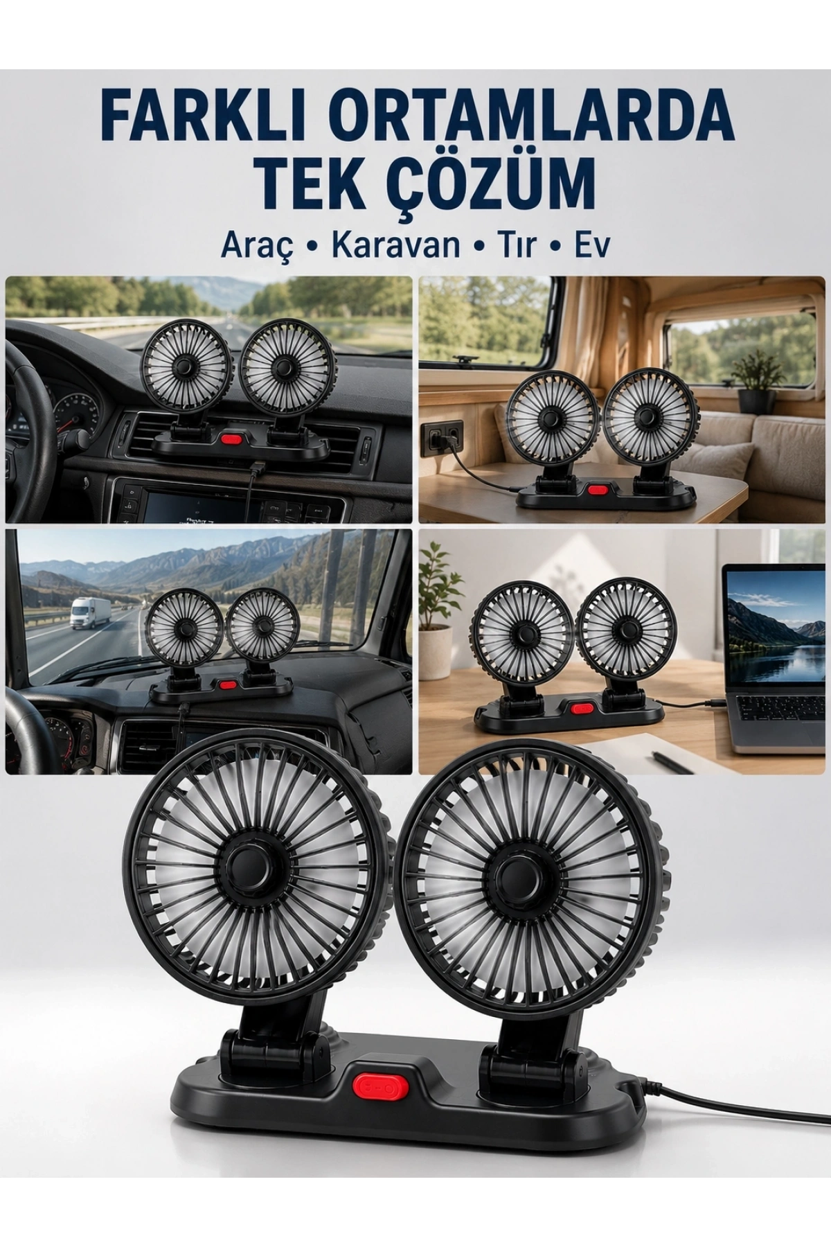 Araç, Karavan ve Tır İçin Çift Fanlı Mini Vantilatör