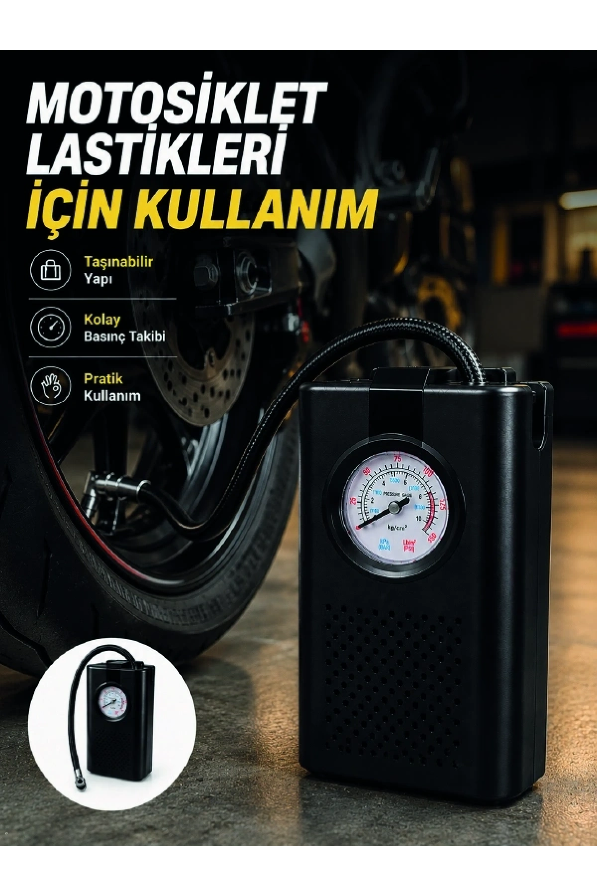 Araç Lastik Şişirme Pompası Taşınabilir Analog Basınç Göstergeli Hava Kompresörü