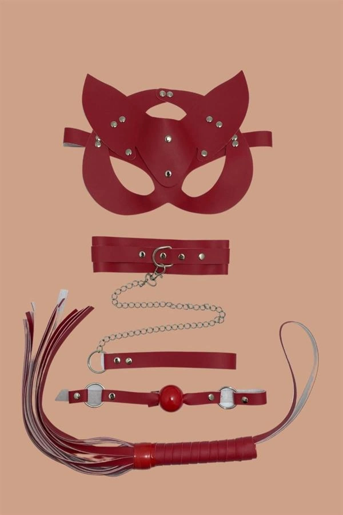 Arias Closet Kırmızı Maske Tasma Kırbaç Deri Set