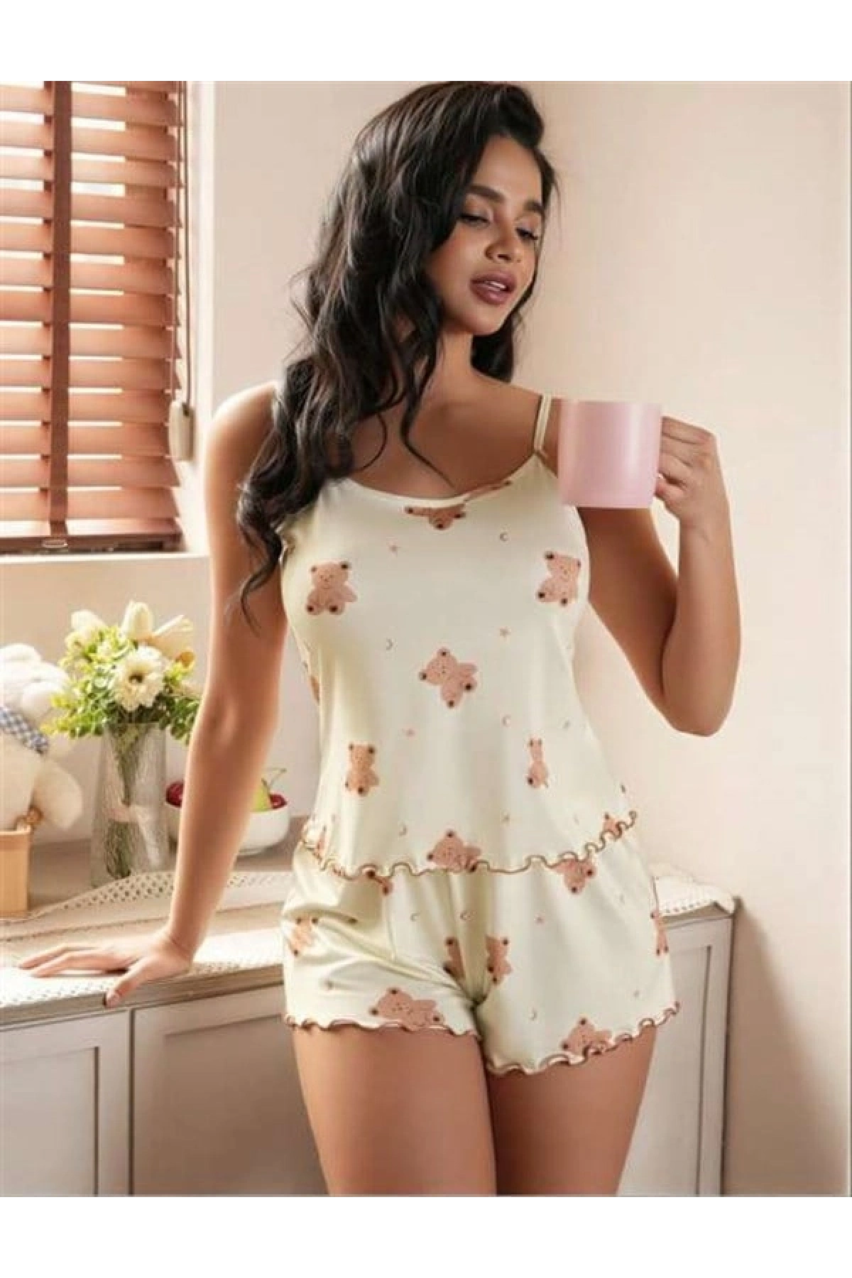 Arias Closet Ayıcık Desenli Askılı Şortlu Pijama Takımı