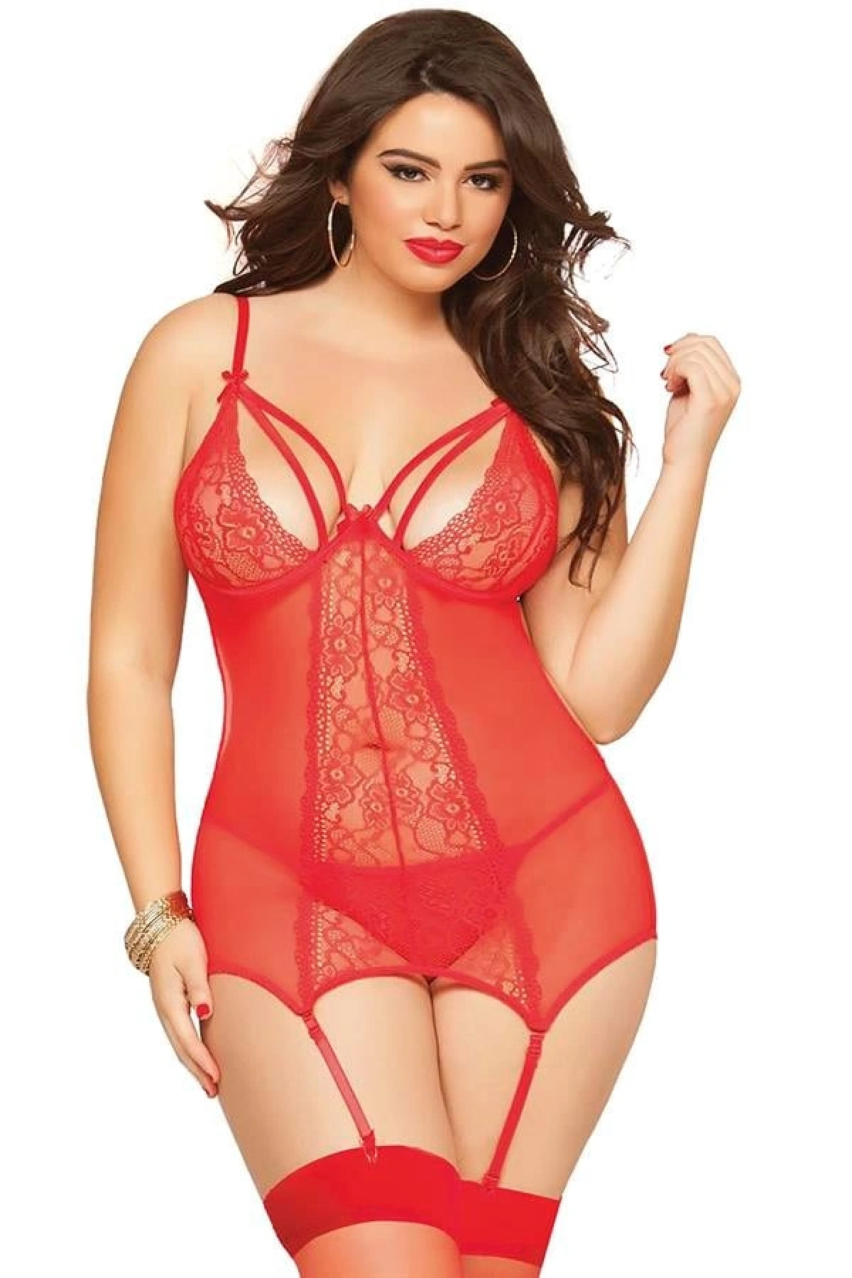 Arias Closet Büyük Beden Kırmızı Dantel İşlemeli Göğüs Dekolteli Fantezi Jartiyer Takımı