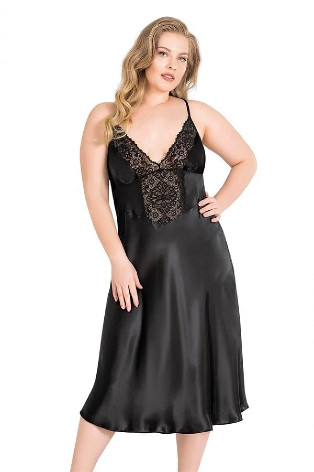 Arias Closet Büyük Beden Siyah Uzun Saten Gecelik