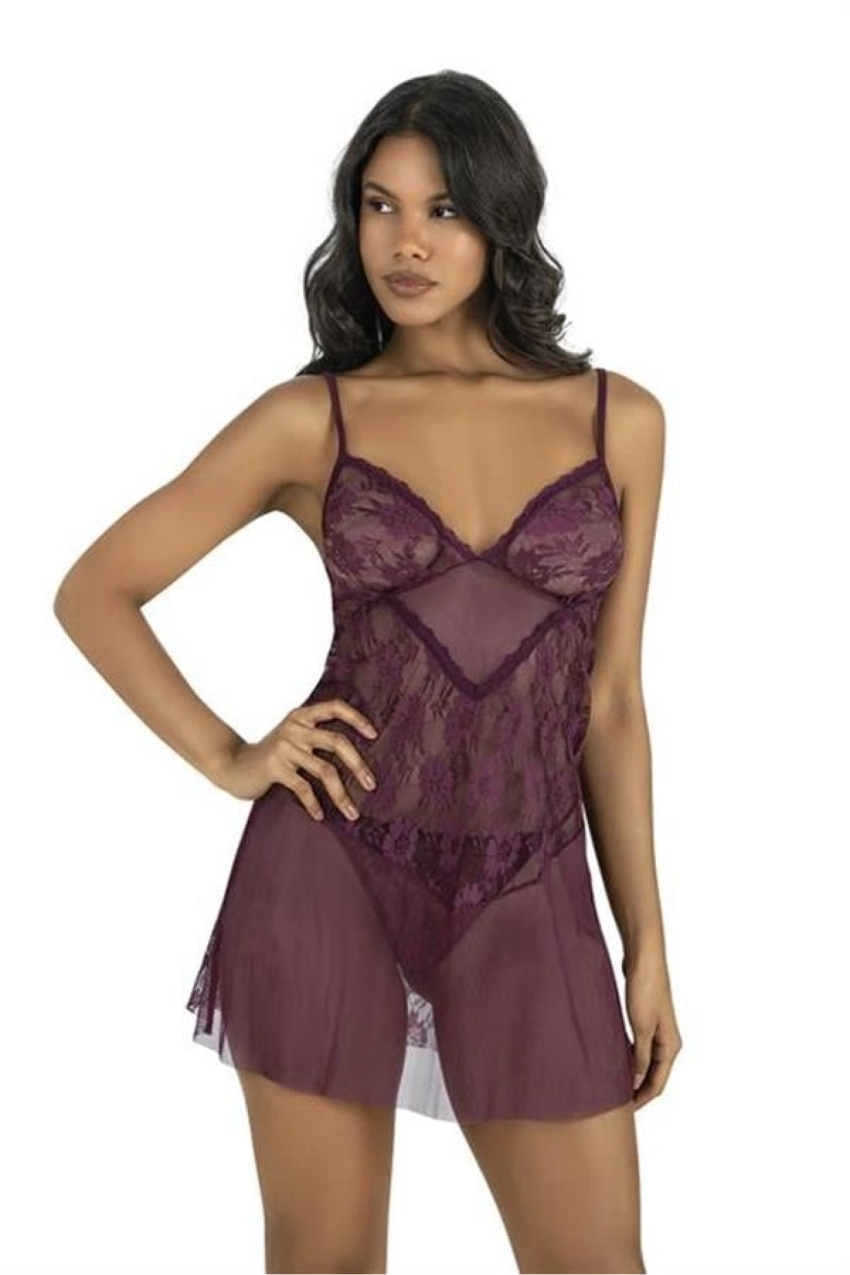 Arias Closet Dantel İşlemeli Mürdüm Kısa Tül Gecelik