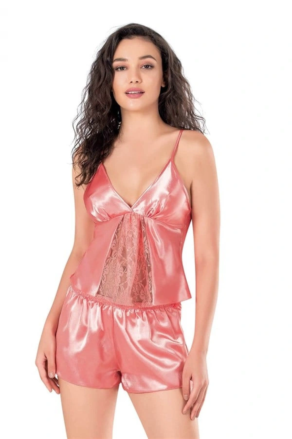 Arias Closet Mercan Saten Babydoll Şort Takımı