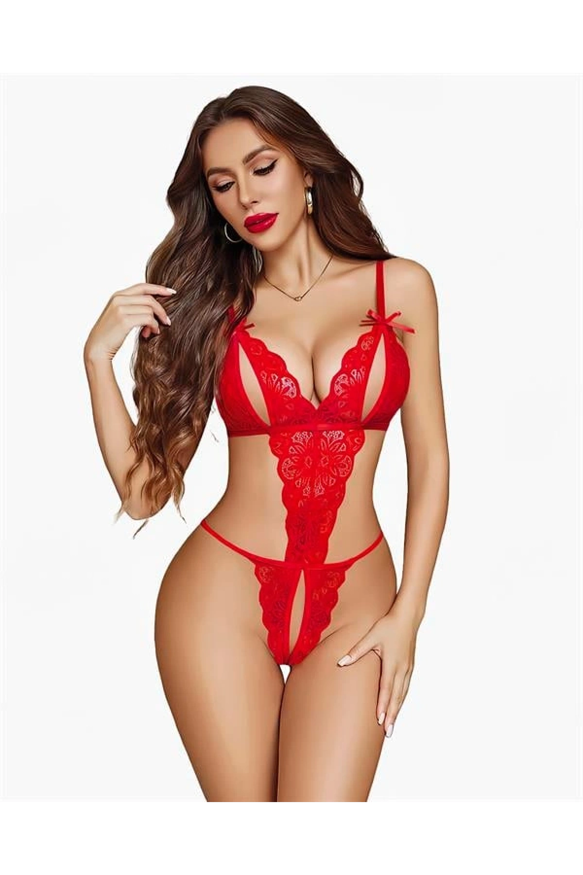 Arias Closet Özel Bölgesi Açık Göğüs Detaylı Kırmızı Fantezi Body