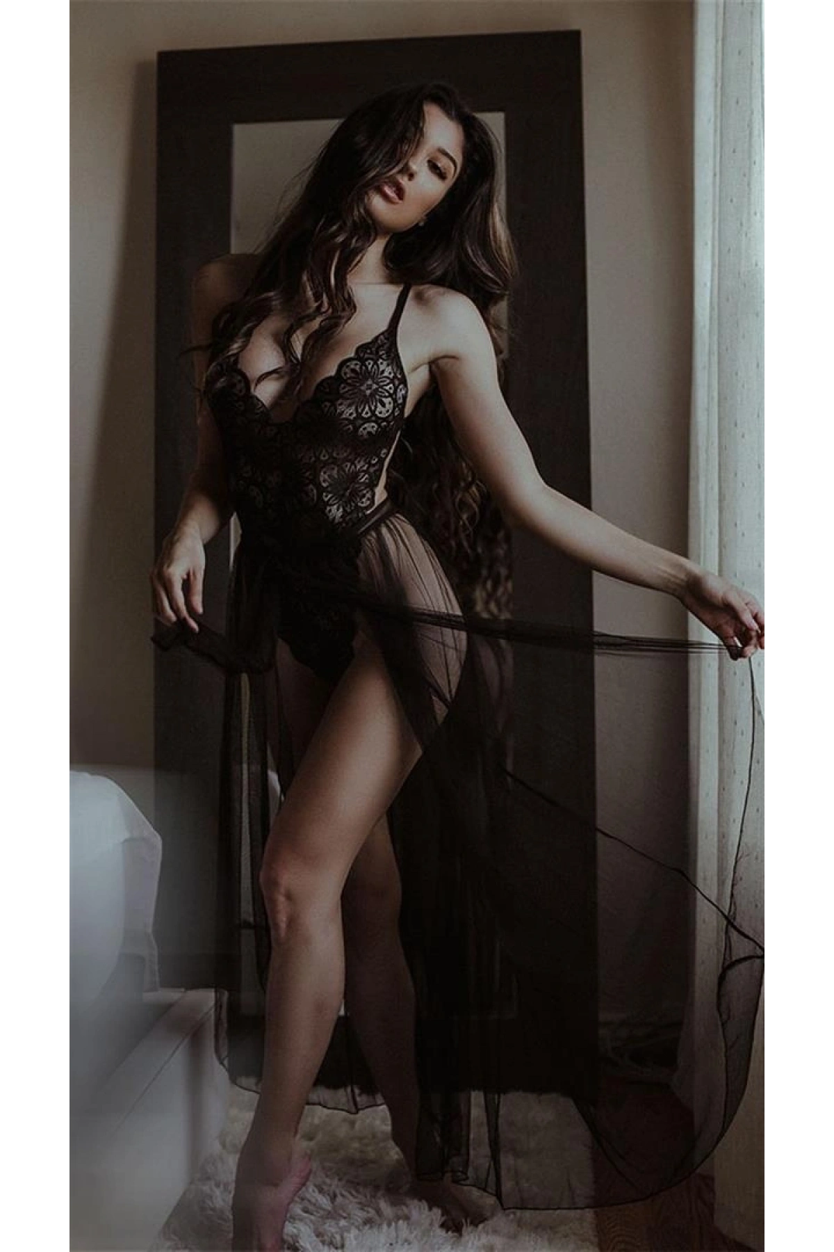Arias Closet Siyah Belden Bağlamalı Dantelli Body Gecelik