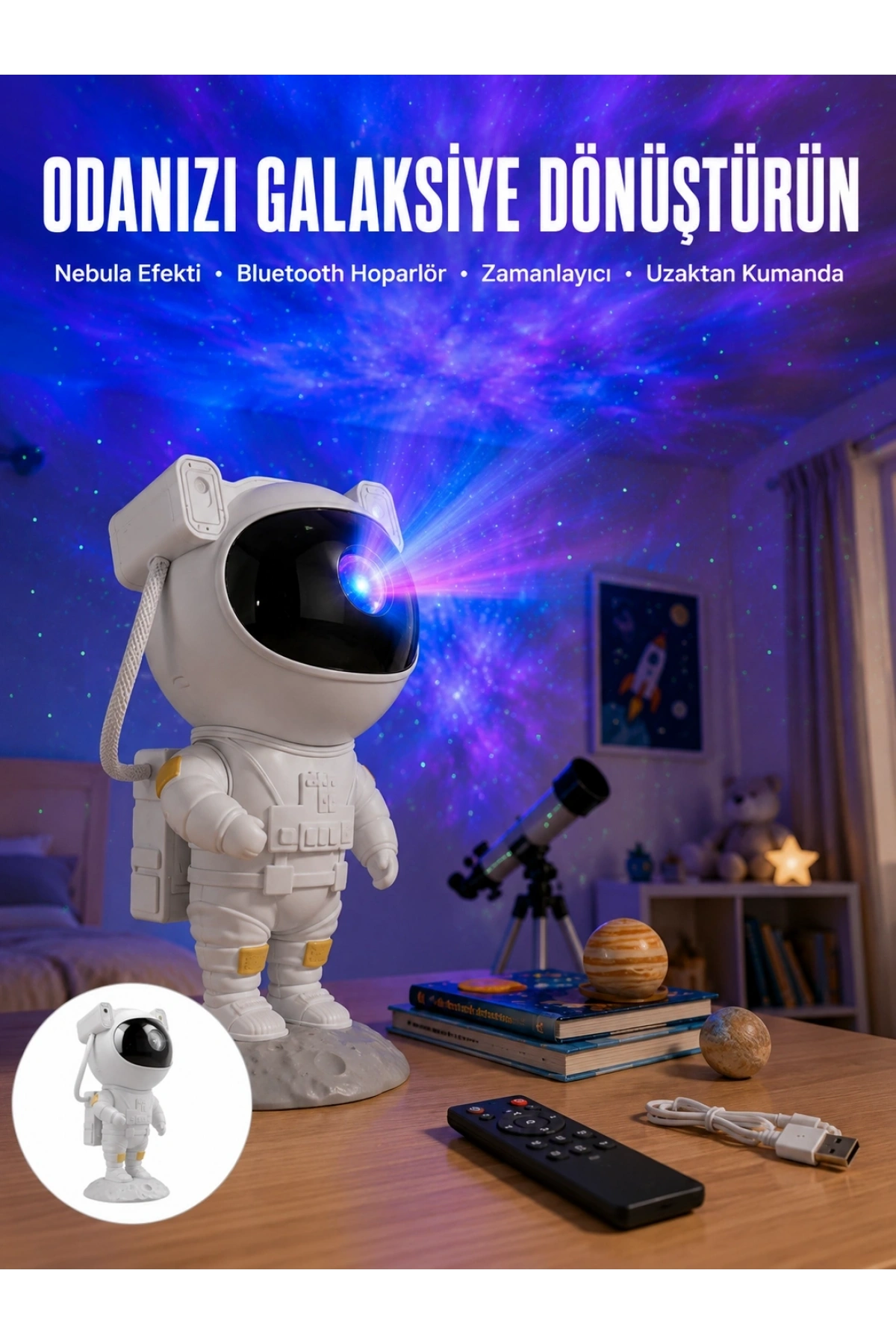 Astronot Bluetooth Hoparlör Gökyüzü Projektör Gece Lambası