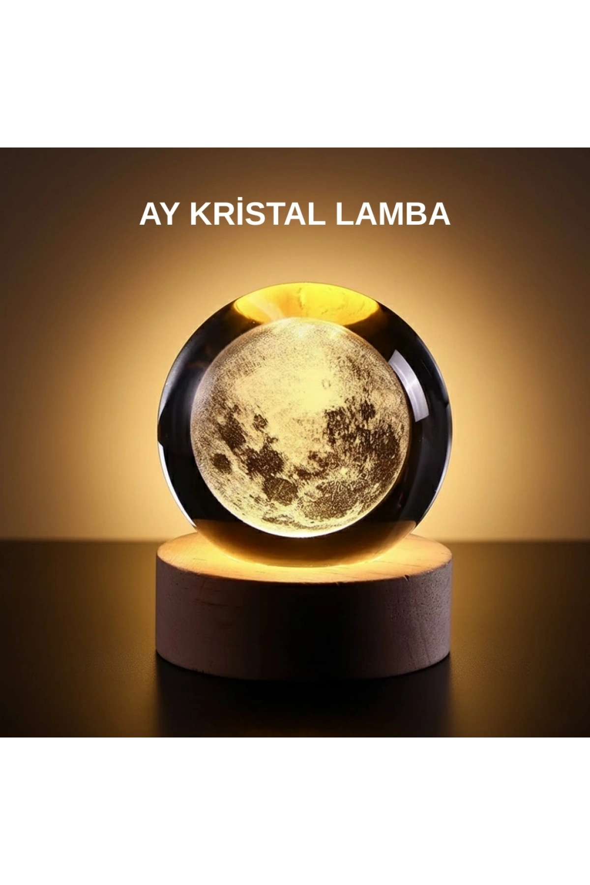 Ay Figürlü 3D Kristal Küre LED Gece Lambası Ahşap Standlı Dekoratif Lamba