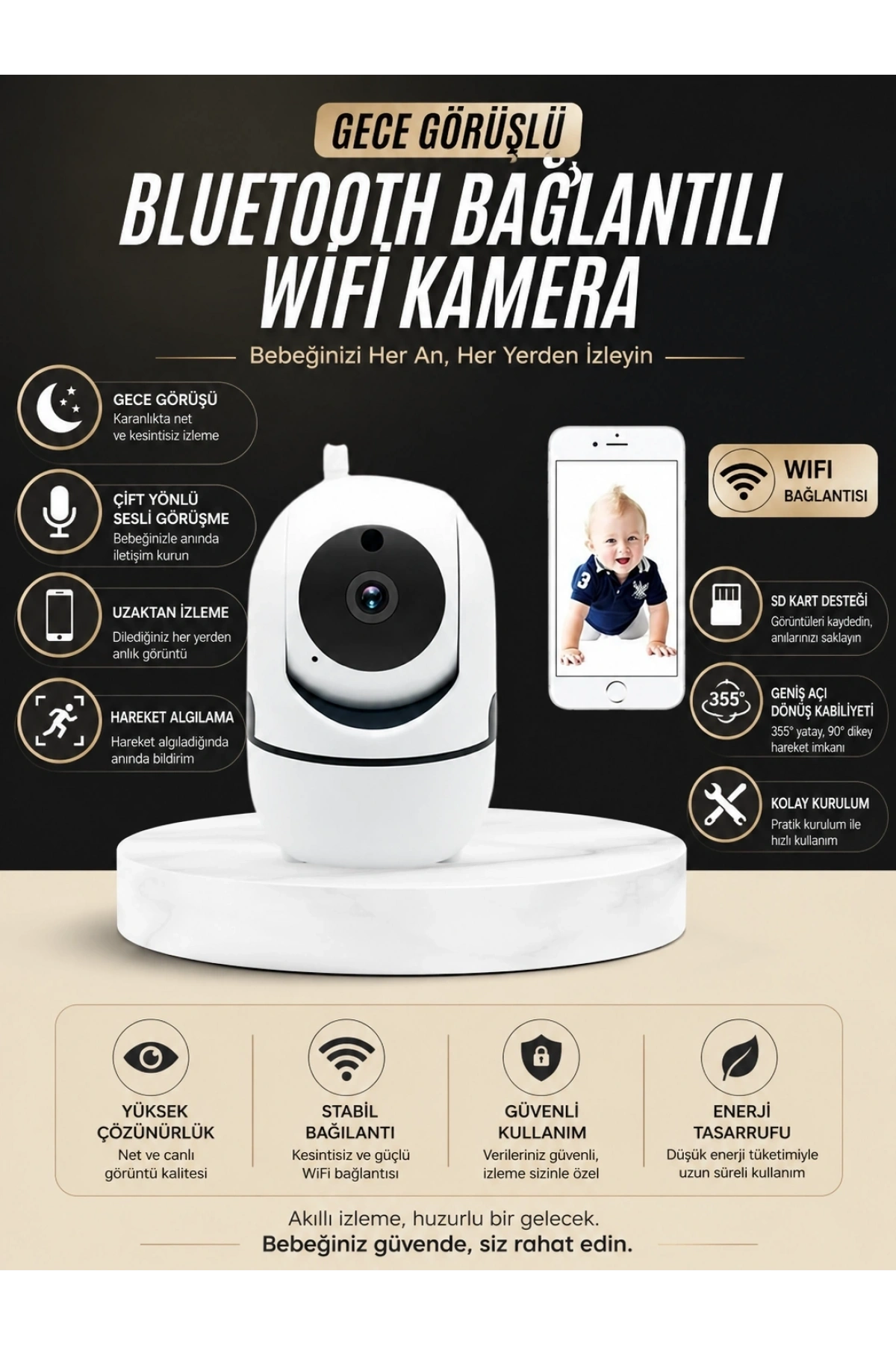 Bebek Takip Kamerası  Gece Görüşlü WiFi Güvenlik Kamerası