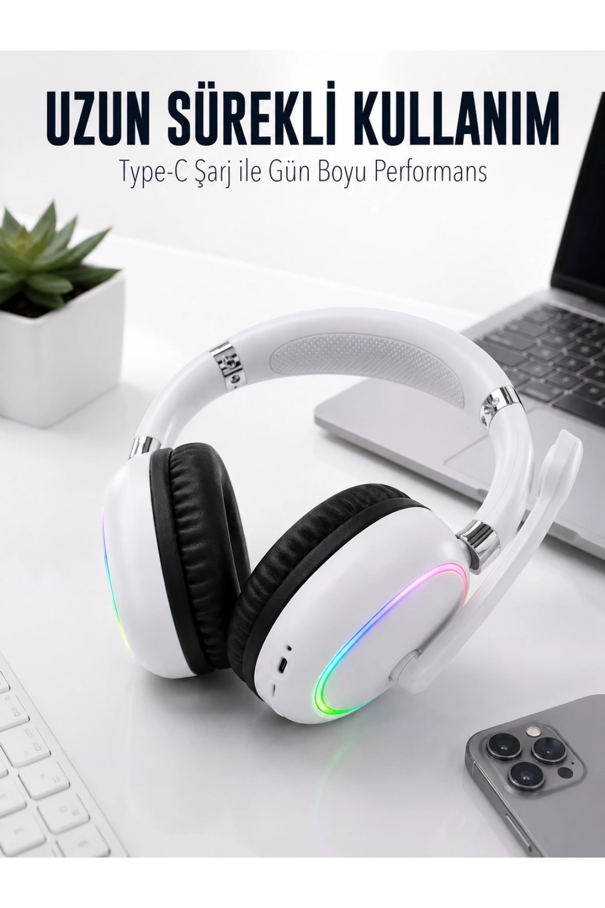 Beyaz Bluetooth 5.0 Mikrofonlu Kablosuz Kulak Üstü Kulaklık RGB Işıklı Type-C Şarjlı