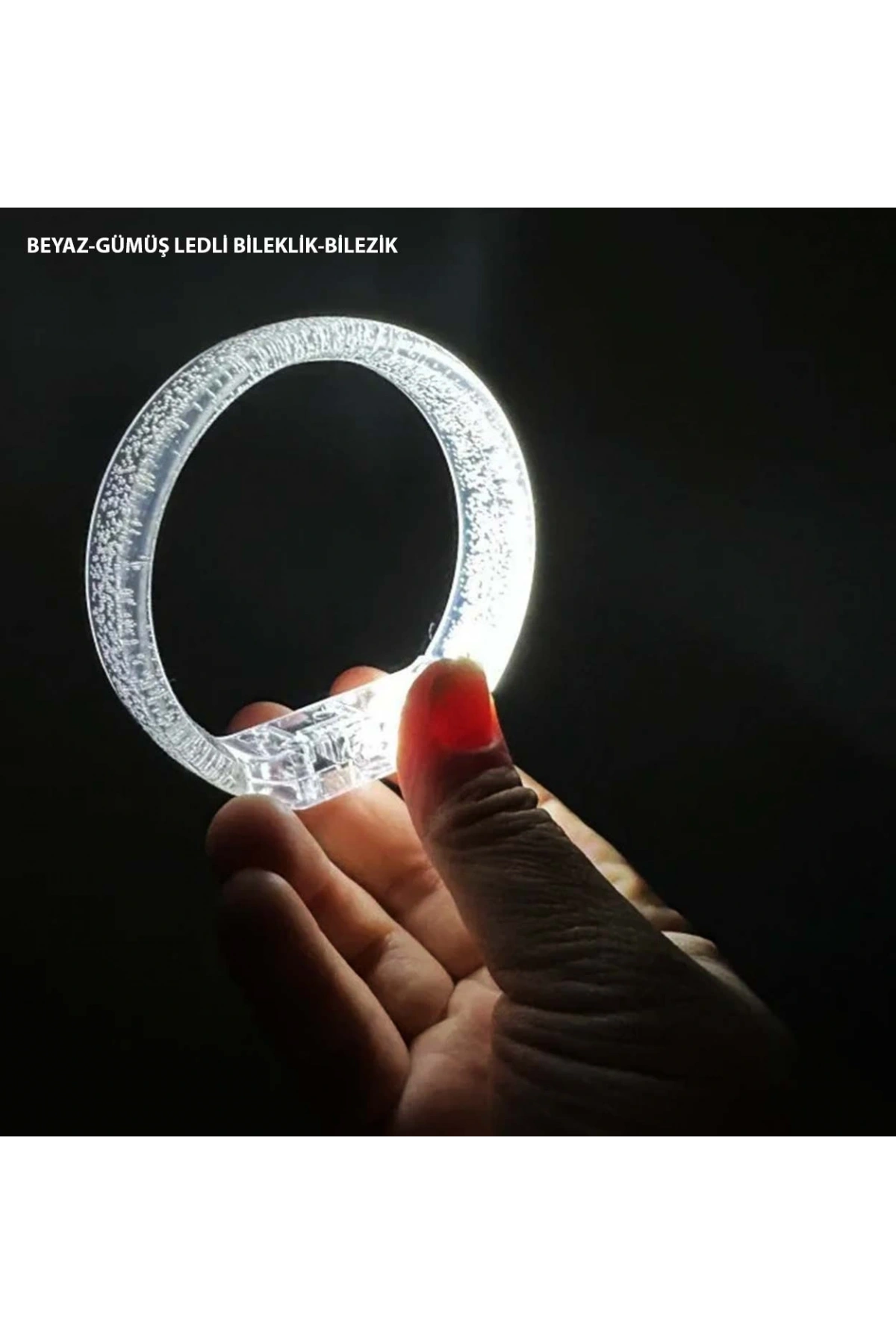 Beyaz-Gümüş Led Işıklı Baskı Yapılabilen Pilli Bileklik Bilezik 1,5 cm Genişlik (5047)