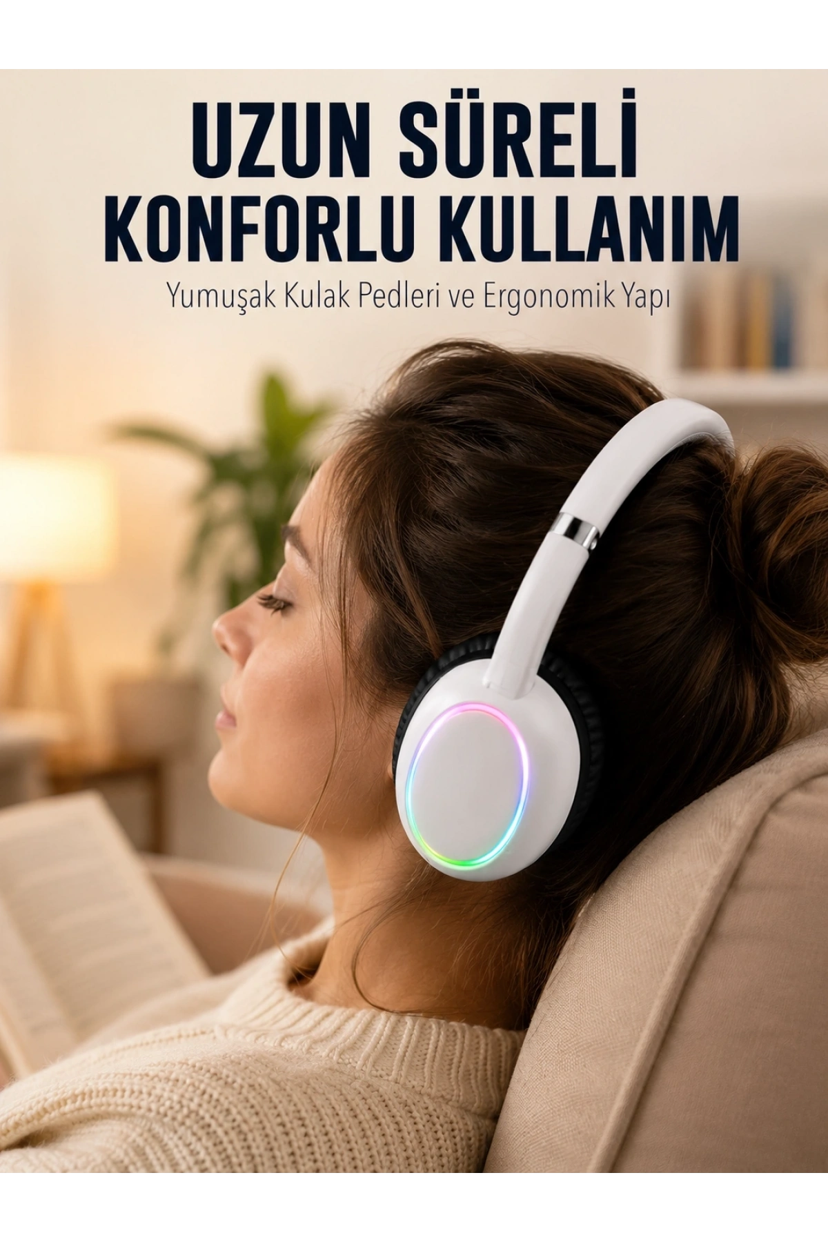 Beyaz Kablosuz Bluetooth Kulaklık Mikrofonlu Ergonomik Kulak Üstü Tasarım