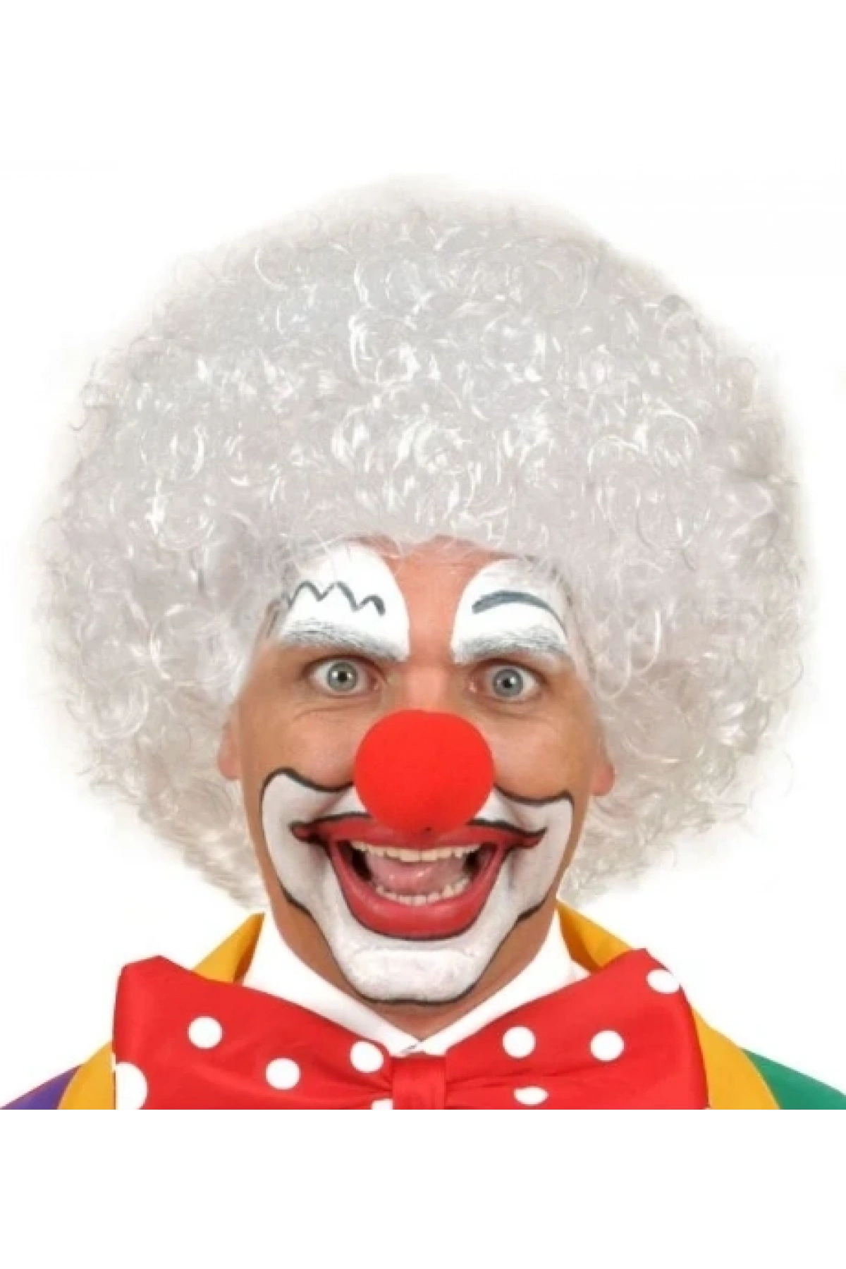Beyaz Renk Kıvırcık Afro Bonus Peruk Saç ve Kırmızı Sünger Burun Seti (5047)