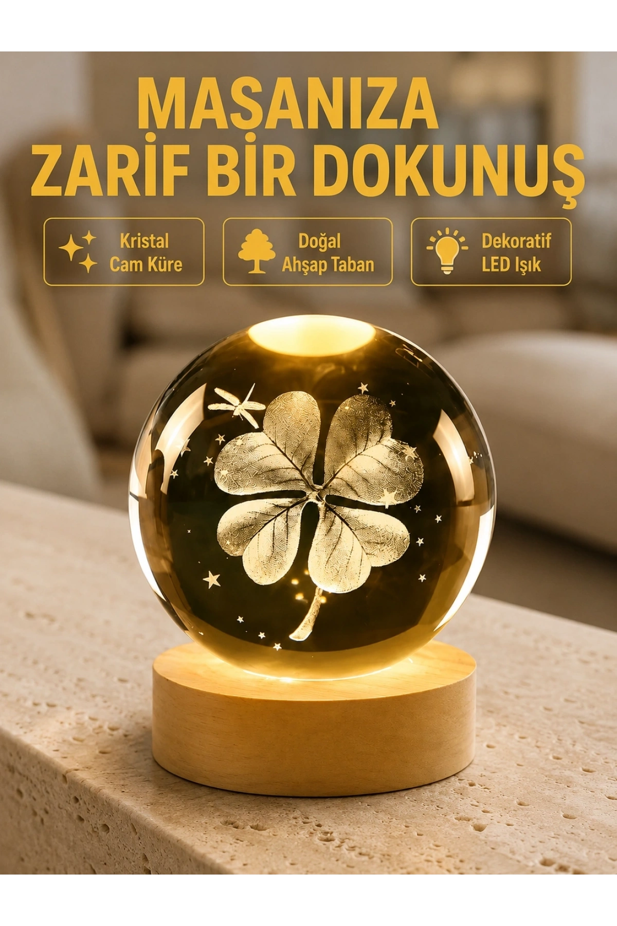 Bitki Temalı LED Işıklı Cam Küre Ahşap Standlı Modern Gece Lambası