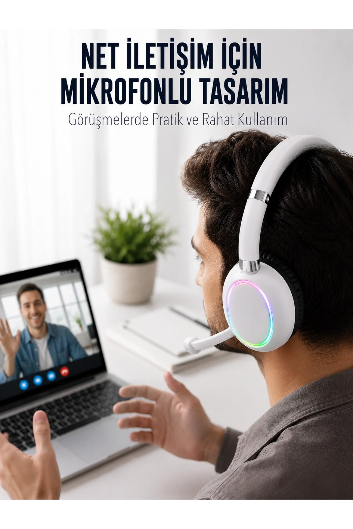 Bluetooth 5.0 Beyaz Kulak Üstü Kablosuz Kulaklık Mikrofonlu RGB Aydınlatmalı