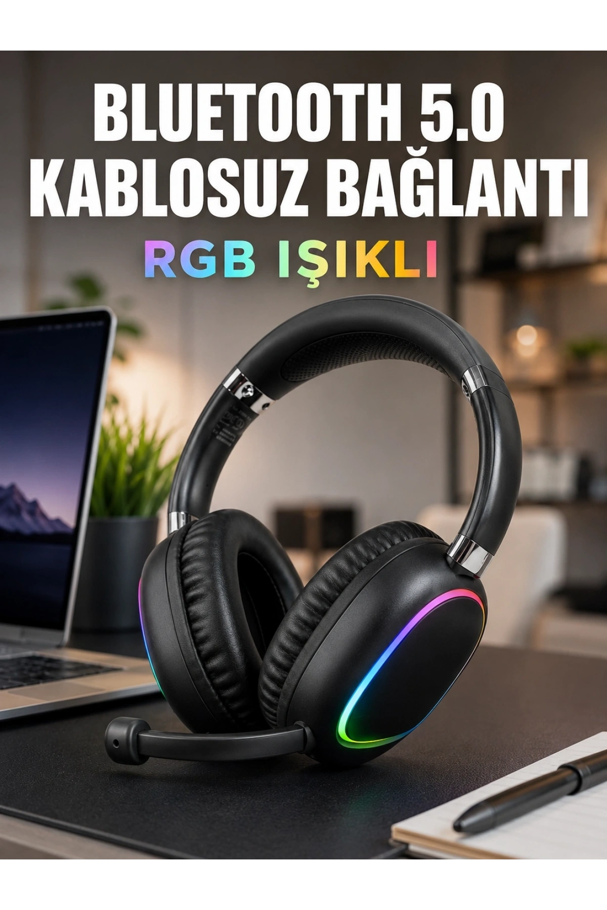 Bluetooth 5.0 Kablosuz Kulak Üstü Kulaklık Mikrofonlu RGB Aydınlatmalı