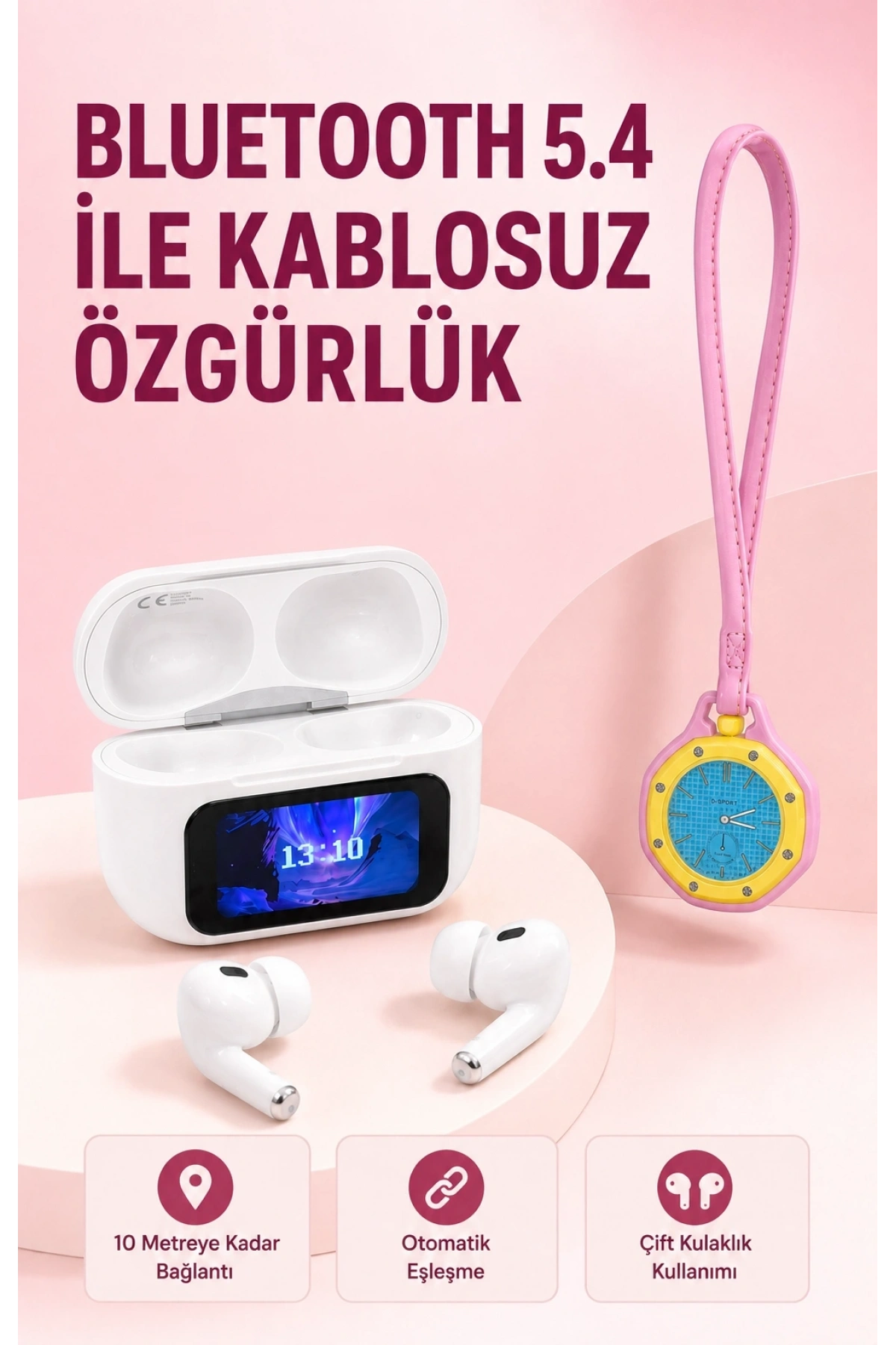 Bluetooth 5.4 Kablosuz Kulaklık Pembe Askılı Analog Charm Saat İkili Set