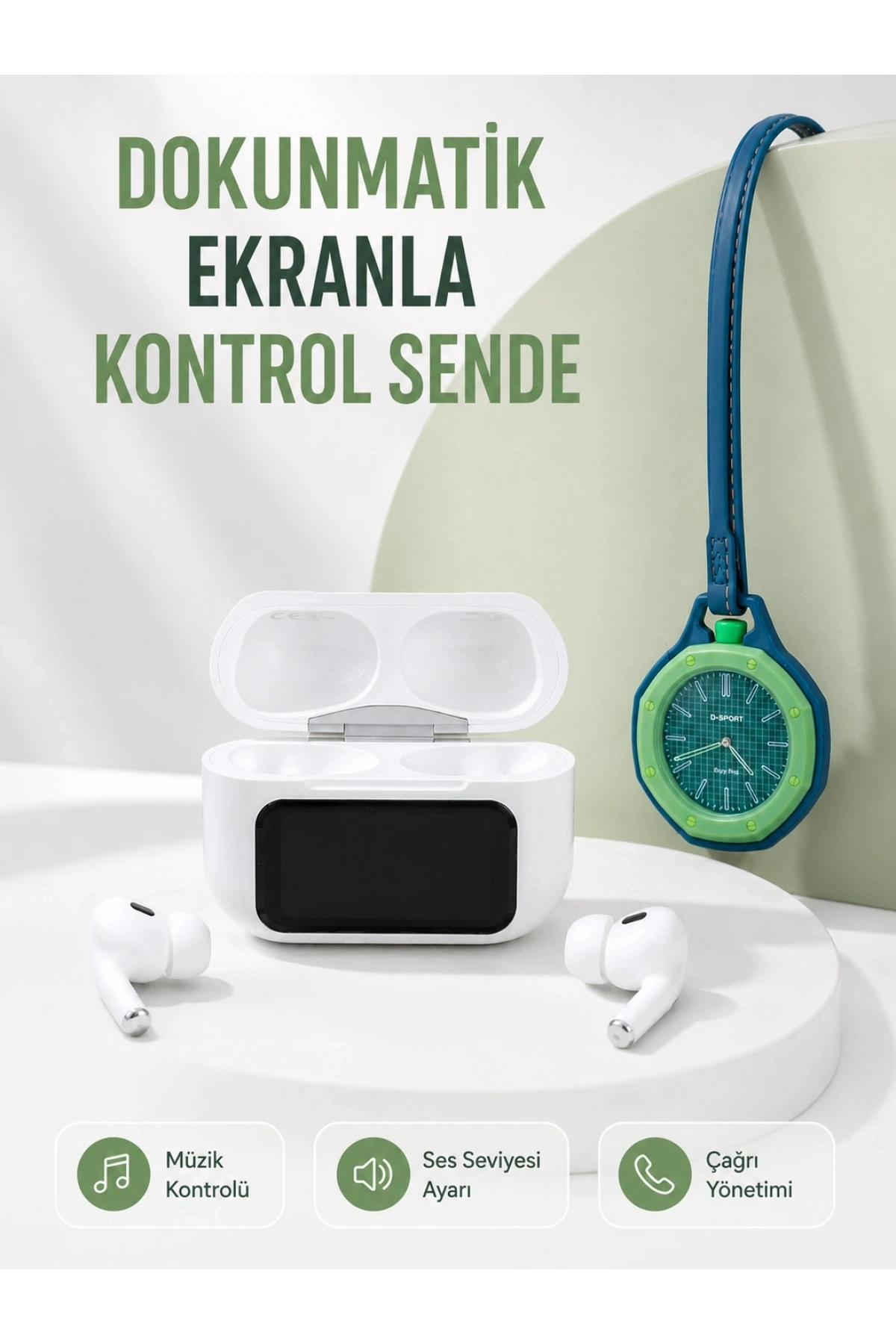 Bluetooth 5.4 Kablosuz Kulaklık Yeşil Askılı Analog Charm Saat İkili Set