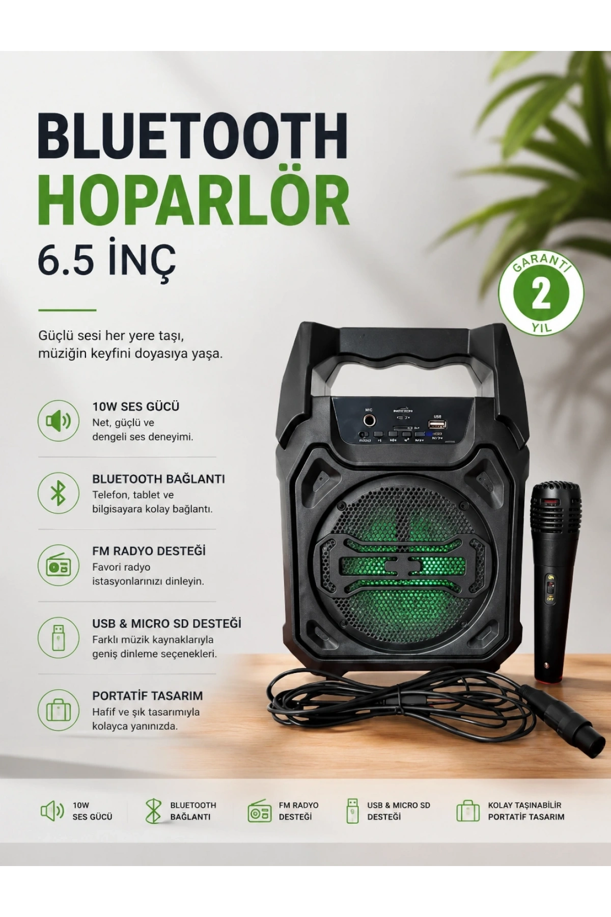 Bluetooth Hoparlör Mikrofonlu Taşınabilir Ses Sistemi FM Radyo, USB, SD Kart ve TWS Özellikli