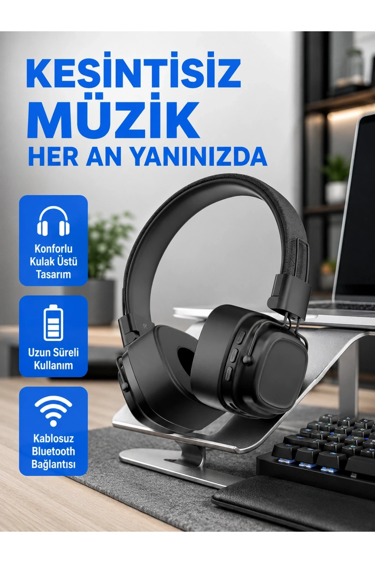 Bluetooth Kablosuz Kulak Üstü Kulaklık Katlanabilir Konforlu ve Şık Tasarımlı