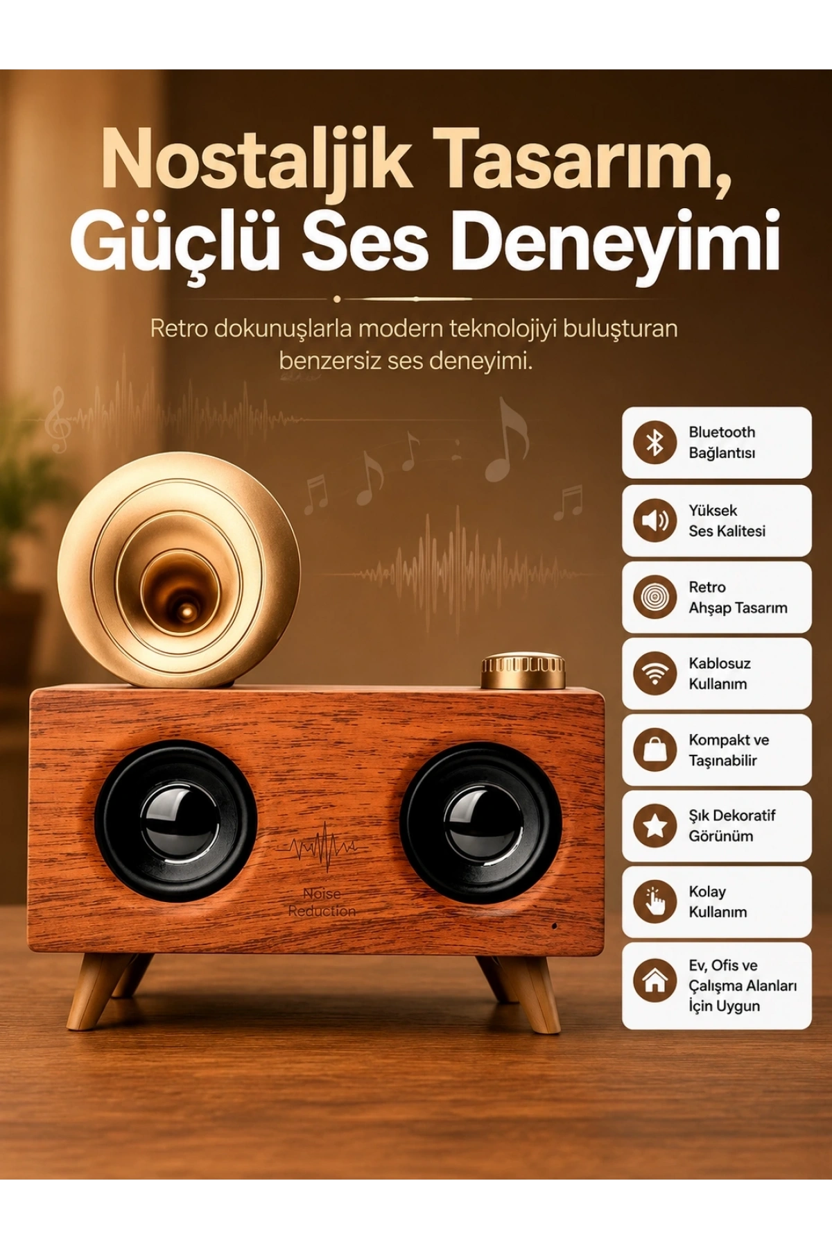 Bluetooth Nostalji Speaker Radyo Gramofon Ahşap Renk Vintage