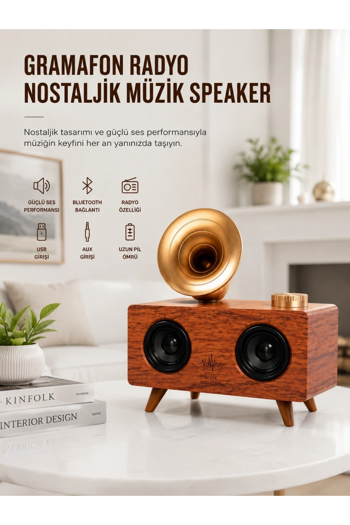 Bluetooth Nostalji Speaker Radyo Gramofon Ahşap Renk Vintage Yeni Nesil