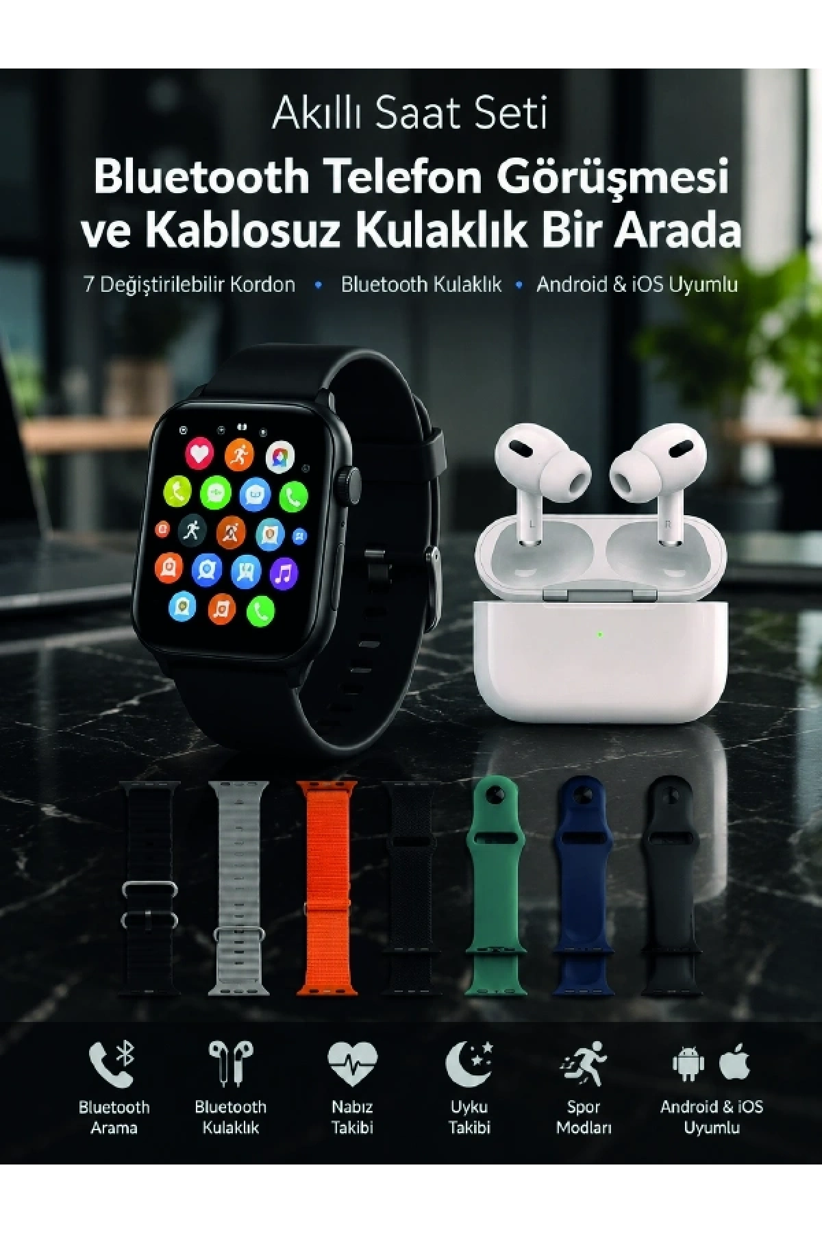 Bluetooth Telefon Görüşmeli Akıllı Saat Seti Kablosuz Bluetooth Kulaklık 7 Değiştirilebilir Kordon