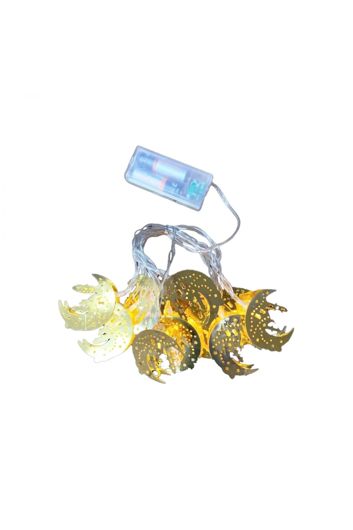 CAMİ-MİNARE AY-YILDIZ MODEL=10PCS GOLD METAL PİLLİ DEKORATİF LED IŞIK - LAMBA 2MT KABLO (5047)