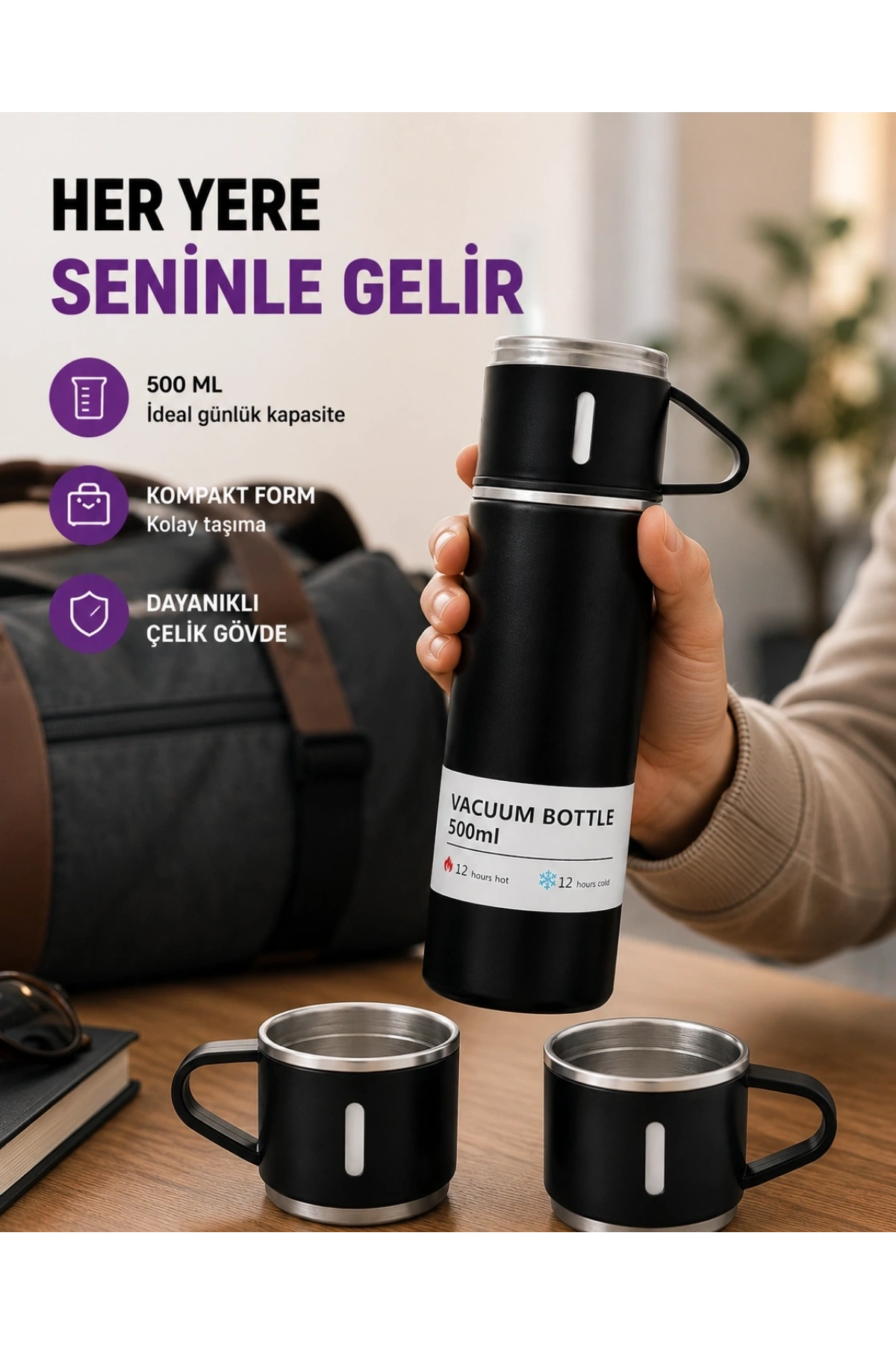 Çelik Termos Bardak Seti | 500 ml Kapasite, Kaymaz Taban, Hediye Kutulu