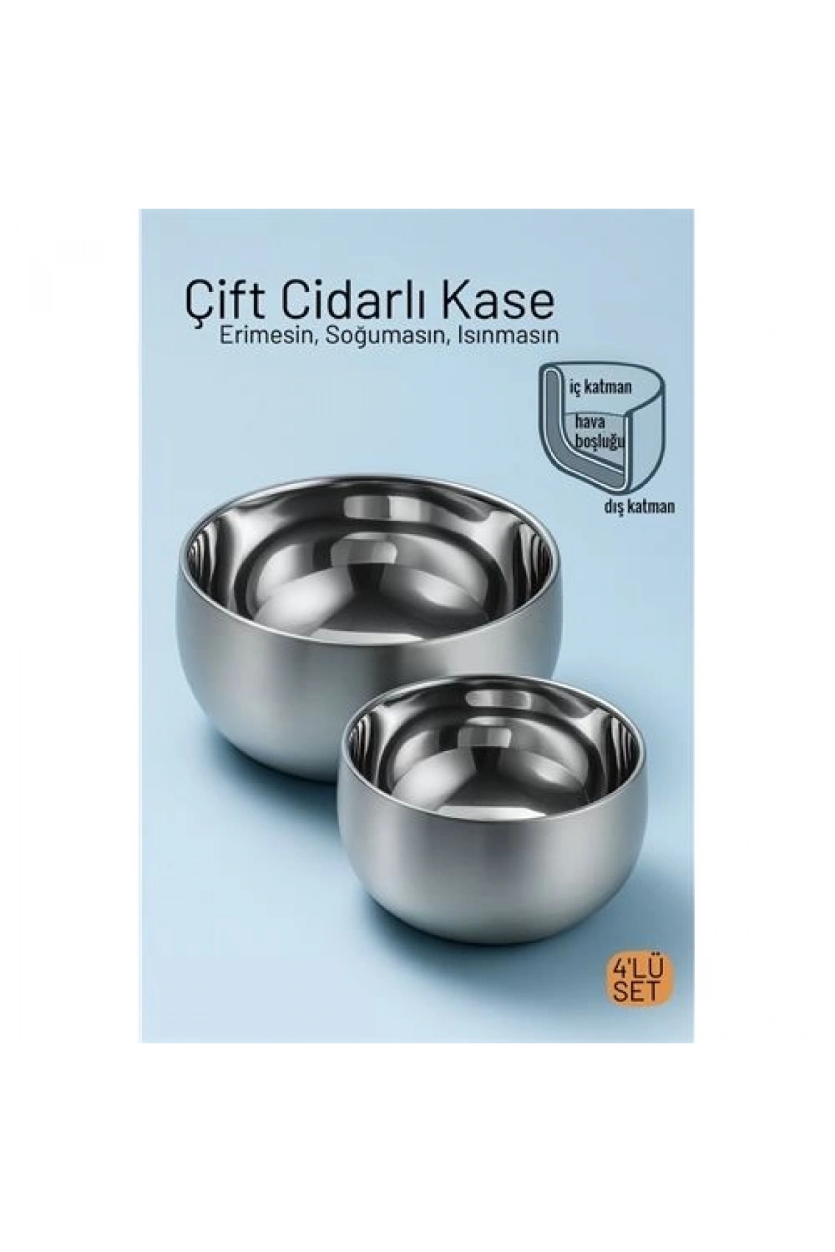 Çift Cidarlı Isı Yalıtımlı 4lü Lüks Kase Seti (16cm & 18cm) Premium 304 Paslanmaz Çelik
