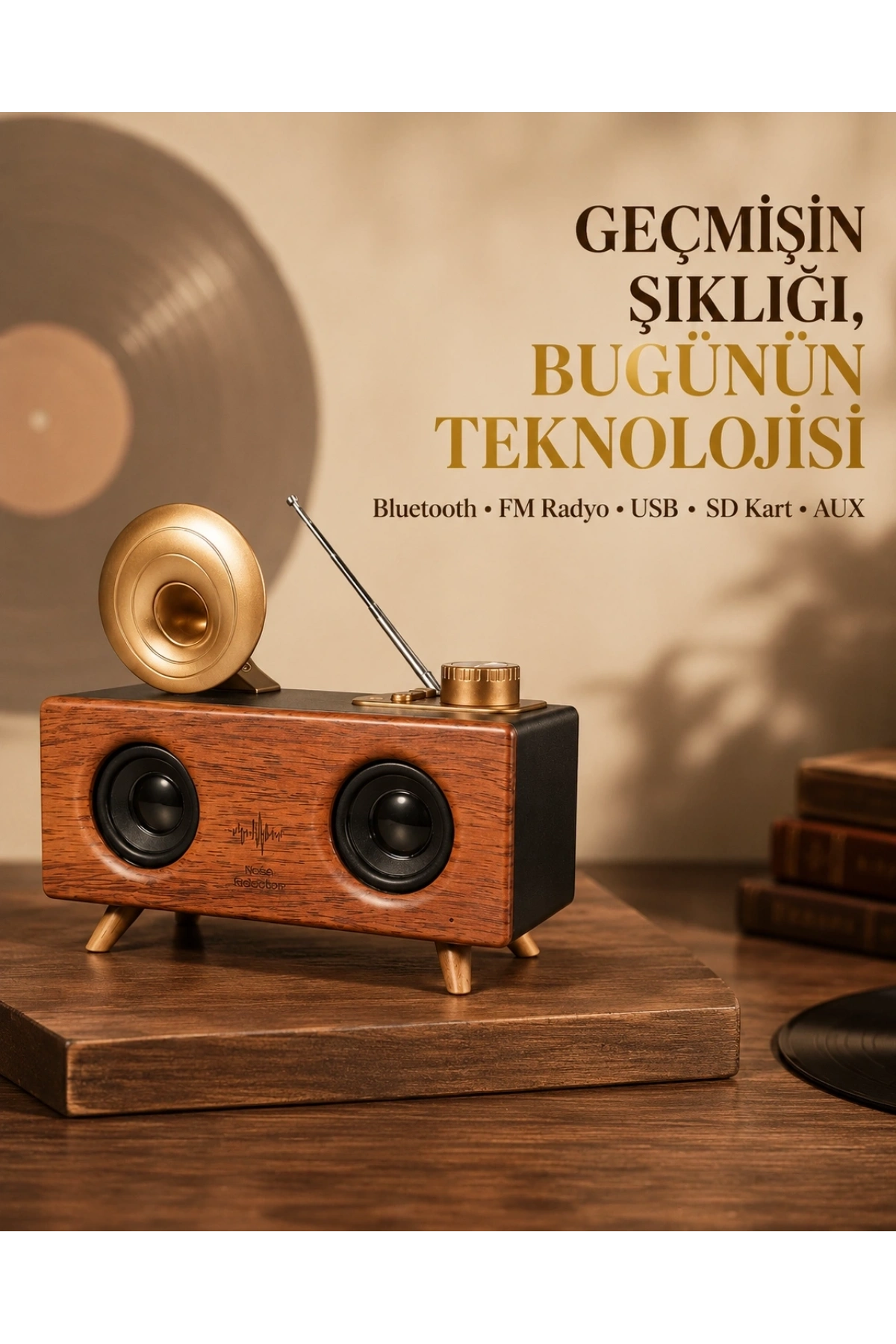 Çift Hoparlörlü Retro Bluetooth Speaker 1800mAh Bataryalı AUX USB SD Kartlı