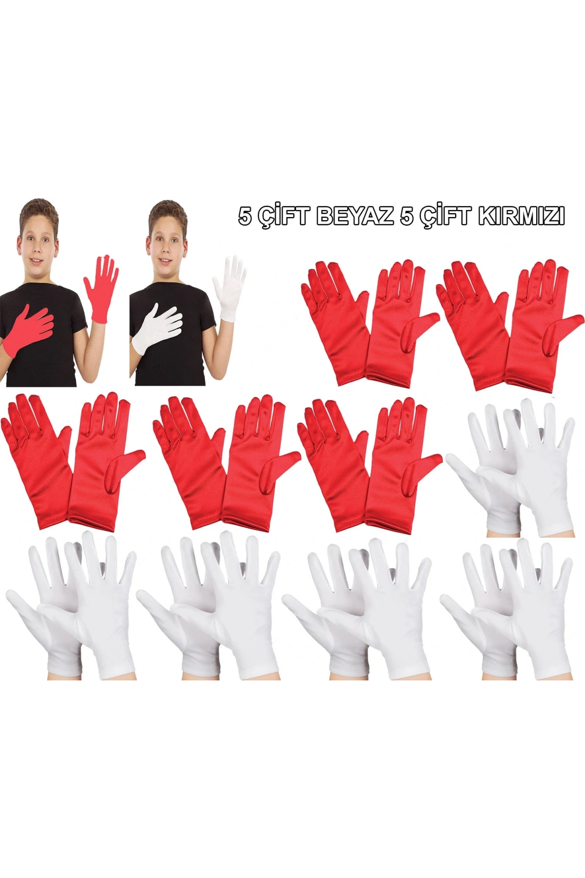 Çocuk Gösteri Eldiven Seti – 5 Çift Beyaz &amp;amp; 5 Çift Kırmızı (5047)
