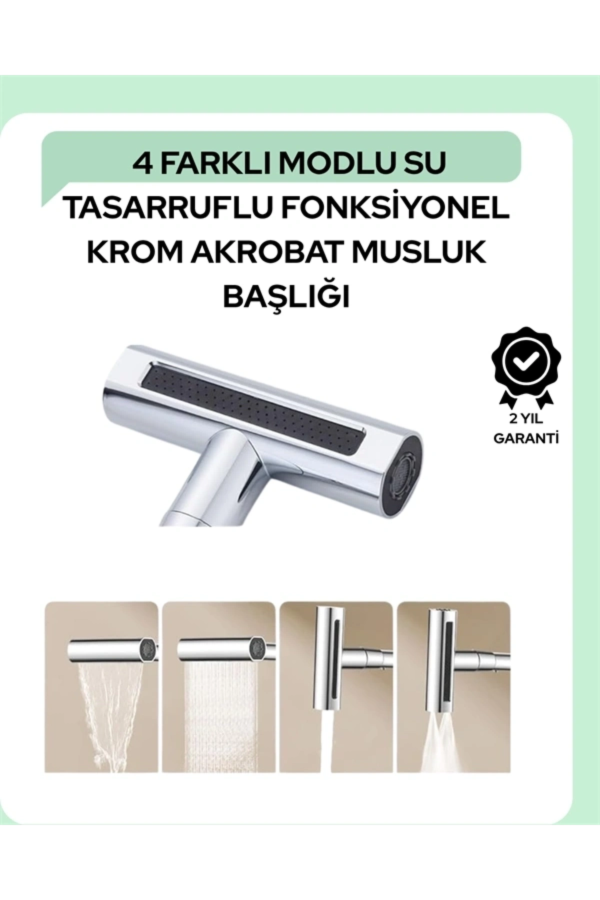 Çok Fonksiyonlu Musluk Başlığı | 4 Su Modu | Geniş Uyumlu Adaptör Seti | Mutfak ve Banyo Uyumlu