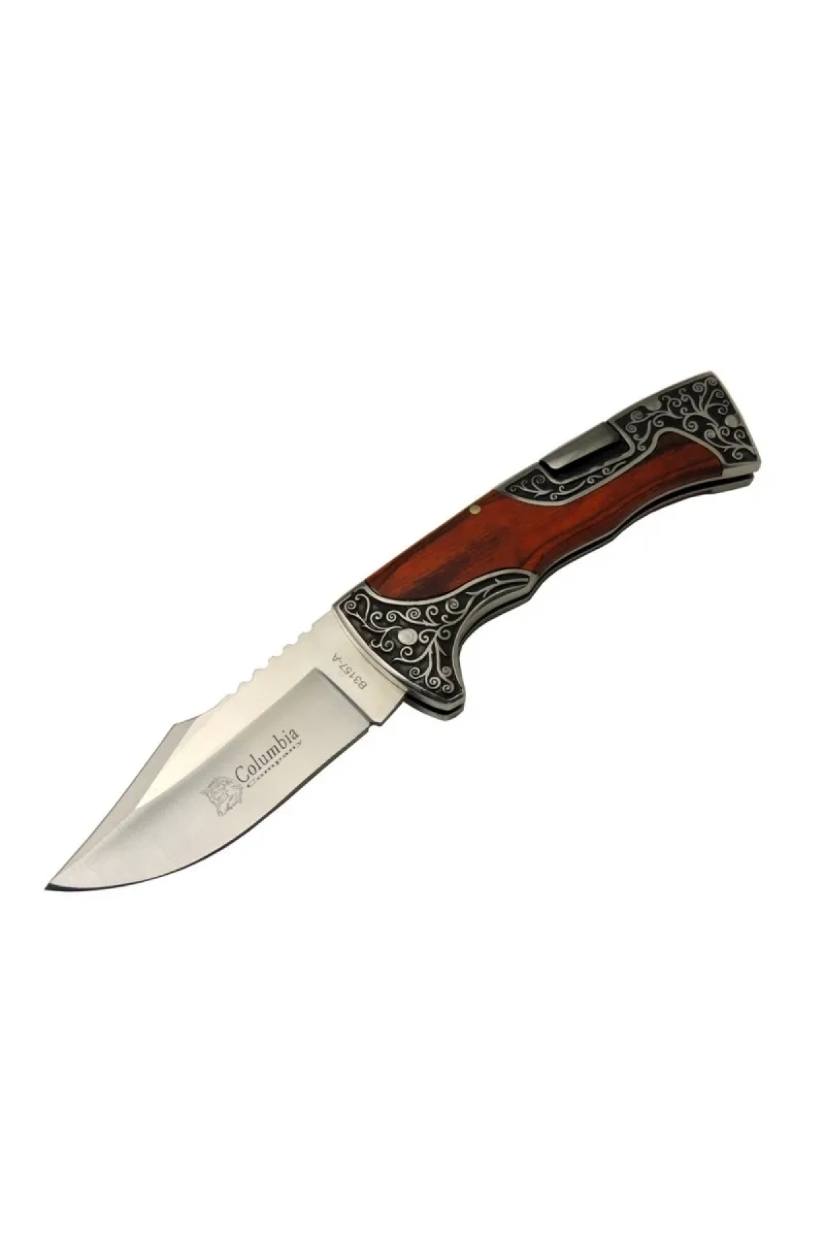 Columbia B3157A İşlemeli Kamp Çakı 22 cm - Gül Ağacı Saplı, Manuel Açılma