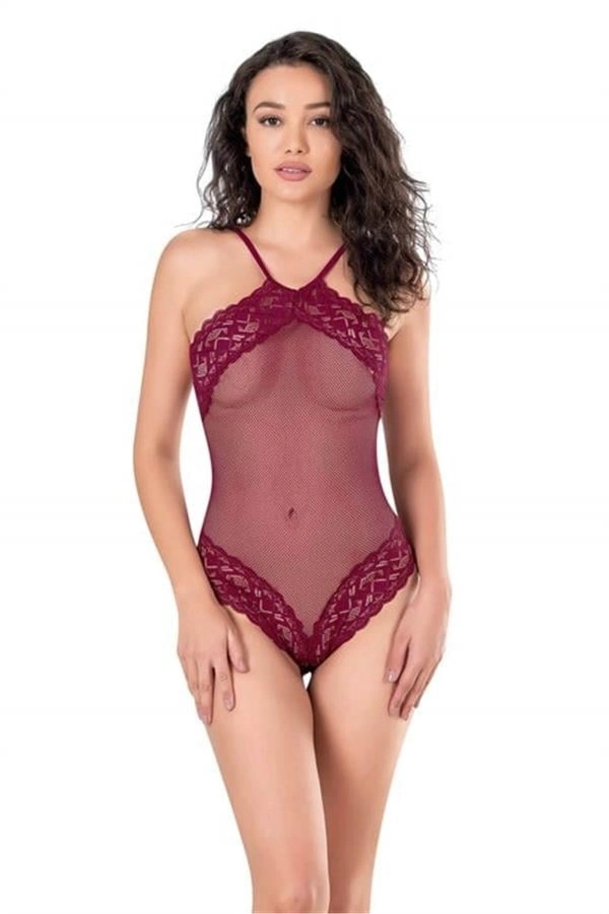 Dantel İşlemeli Bordo File Tül Bodysuit