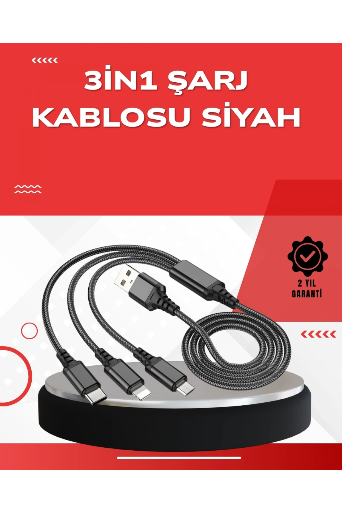 Dayanıklı Metal Başlıklı 3’ü 1 Arada Şarj Kablosu – Tüm Cihazlarla Uyumlu