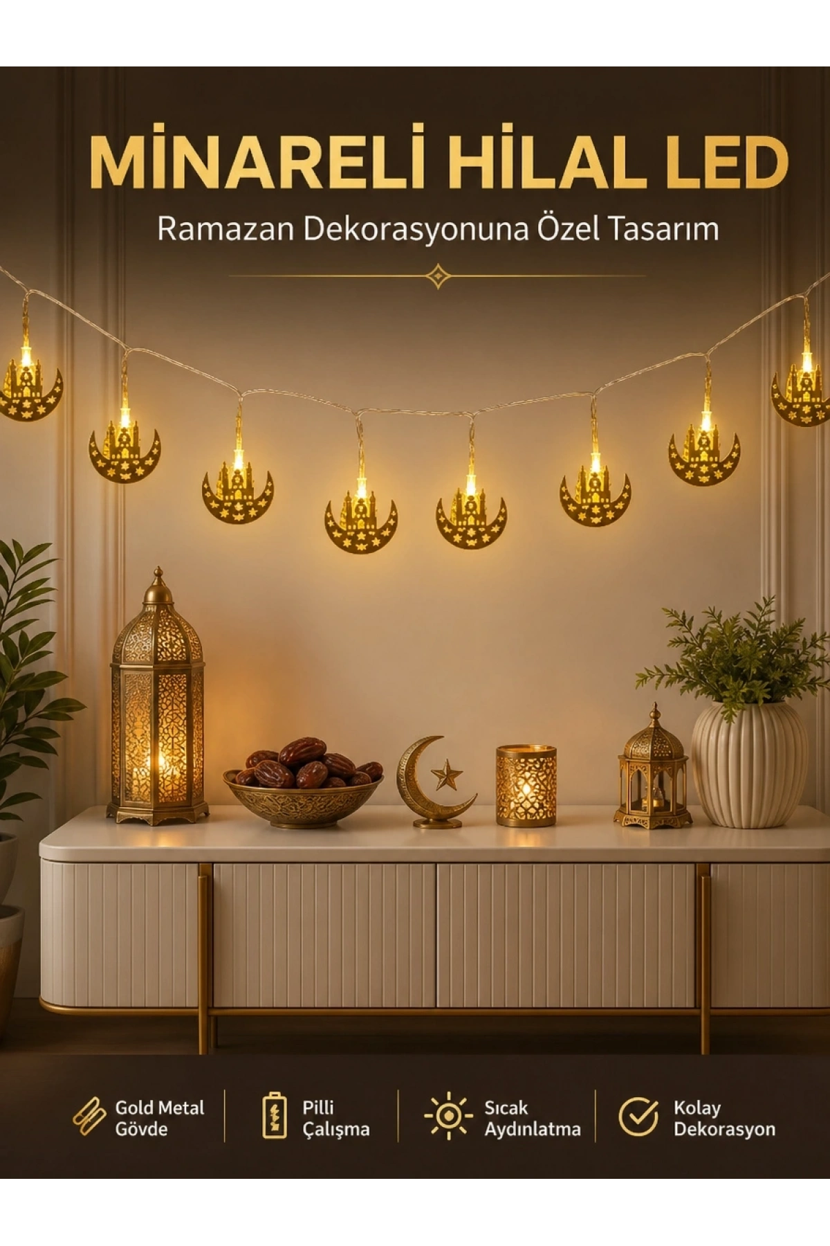Dekoratif Minareli Hilal LED Işık Metal Gövdeli Ramazan Aydınlatma