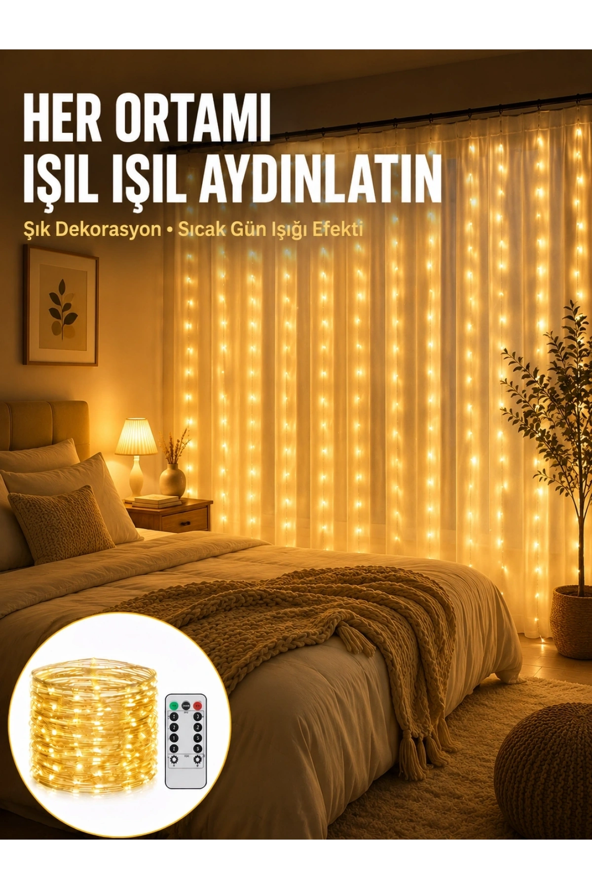 Dekoratif Perde Peri Led Günışığı Renk 8 Fonksiyonlu Işık