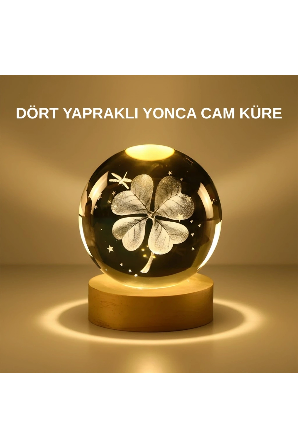 Dekoratif Yonca Görünümlü Işıklı Kristal Cam Küre USB Masa Gece Lambası